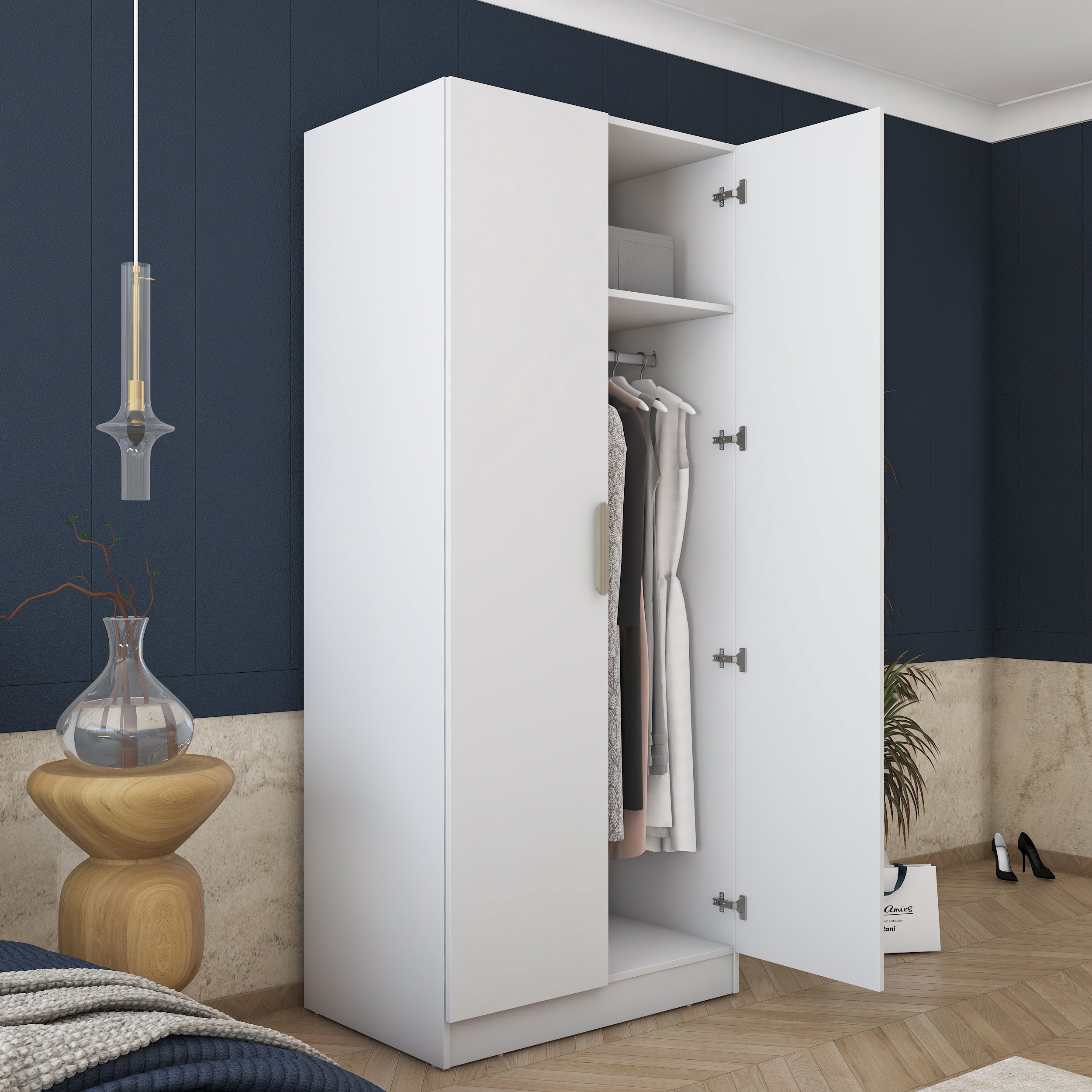 Rani BA170 Gardırop 2 Kapaklı 5 Raflı Askılı Elbise Dolabı Beyaz