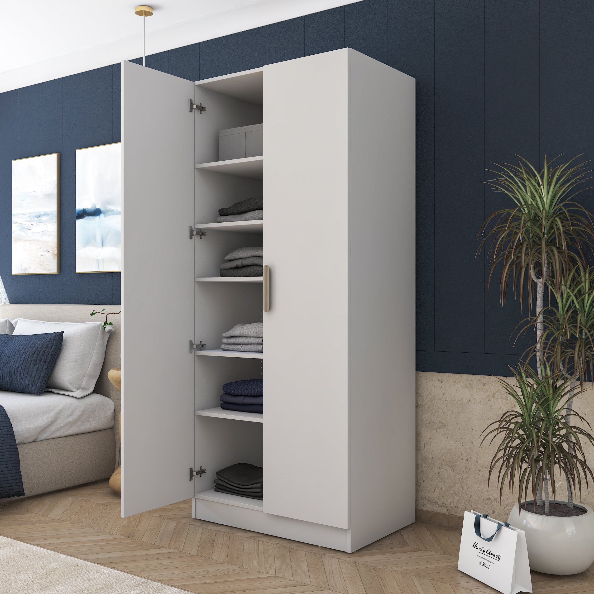 Rani BA170 Gardırop 2 Kapaklı 5 Raflı Askılı Elbise Dolabı Beyaz