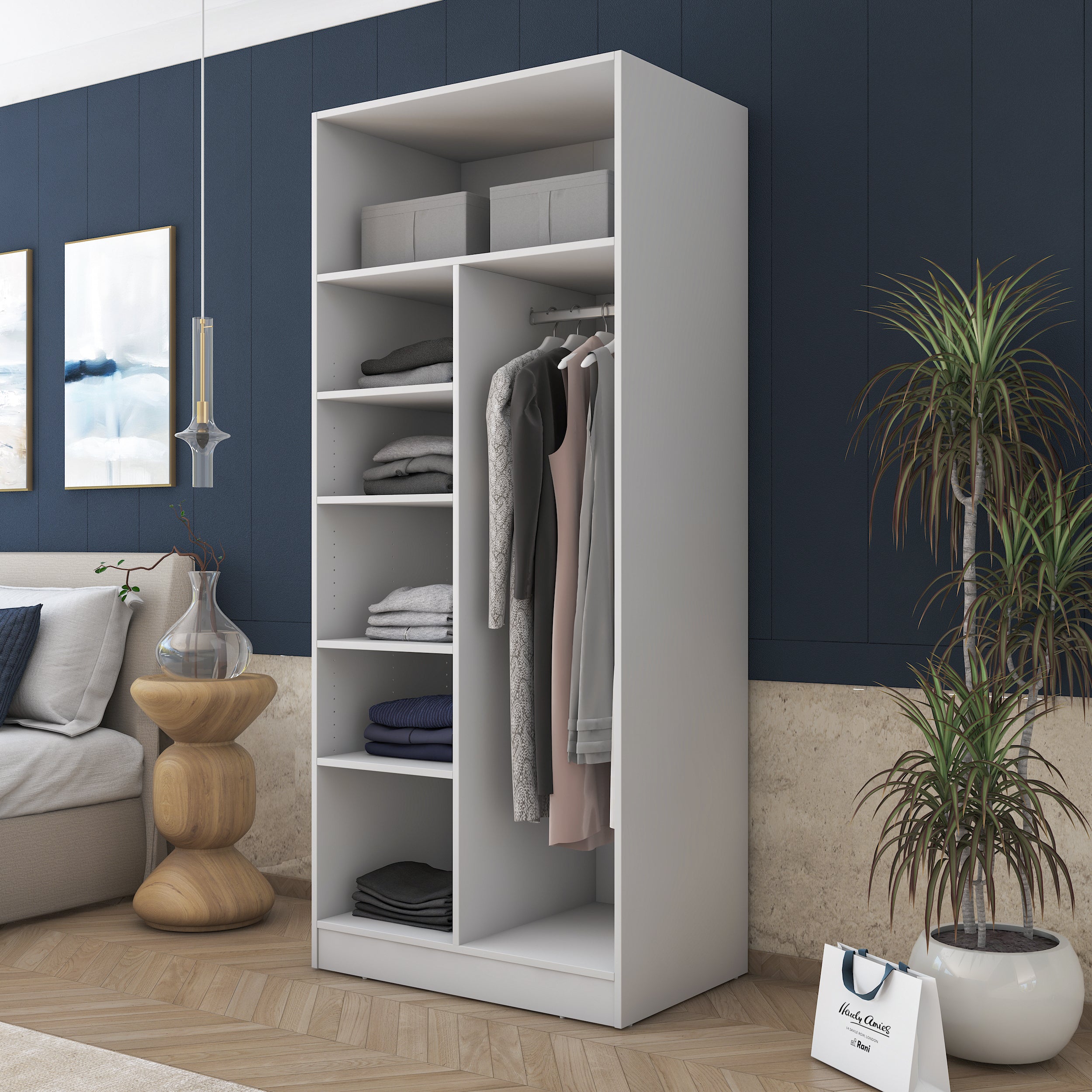 Rani BA170 Gardırop 2 Kapaklı 5 Raflı Askılı Elbise Dolabı Beyaz