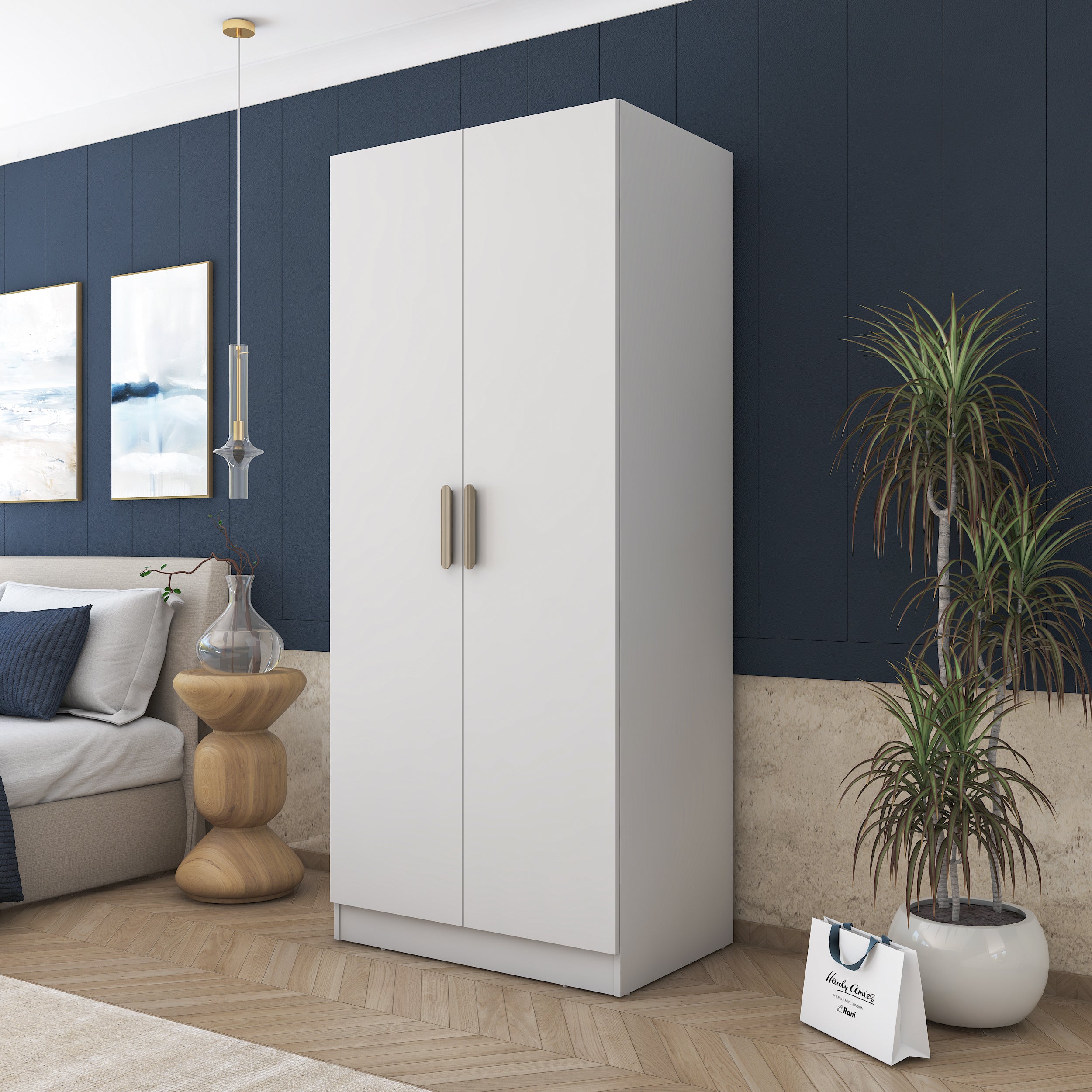 Rani BA170 Gardırop 2 Kapaklı 5 Raflı Askılı Elbise Dolabı Beyaz