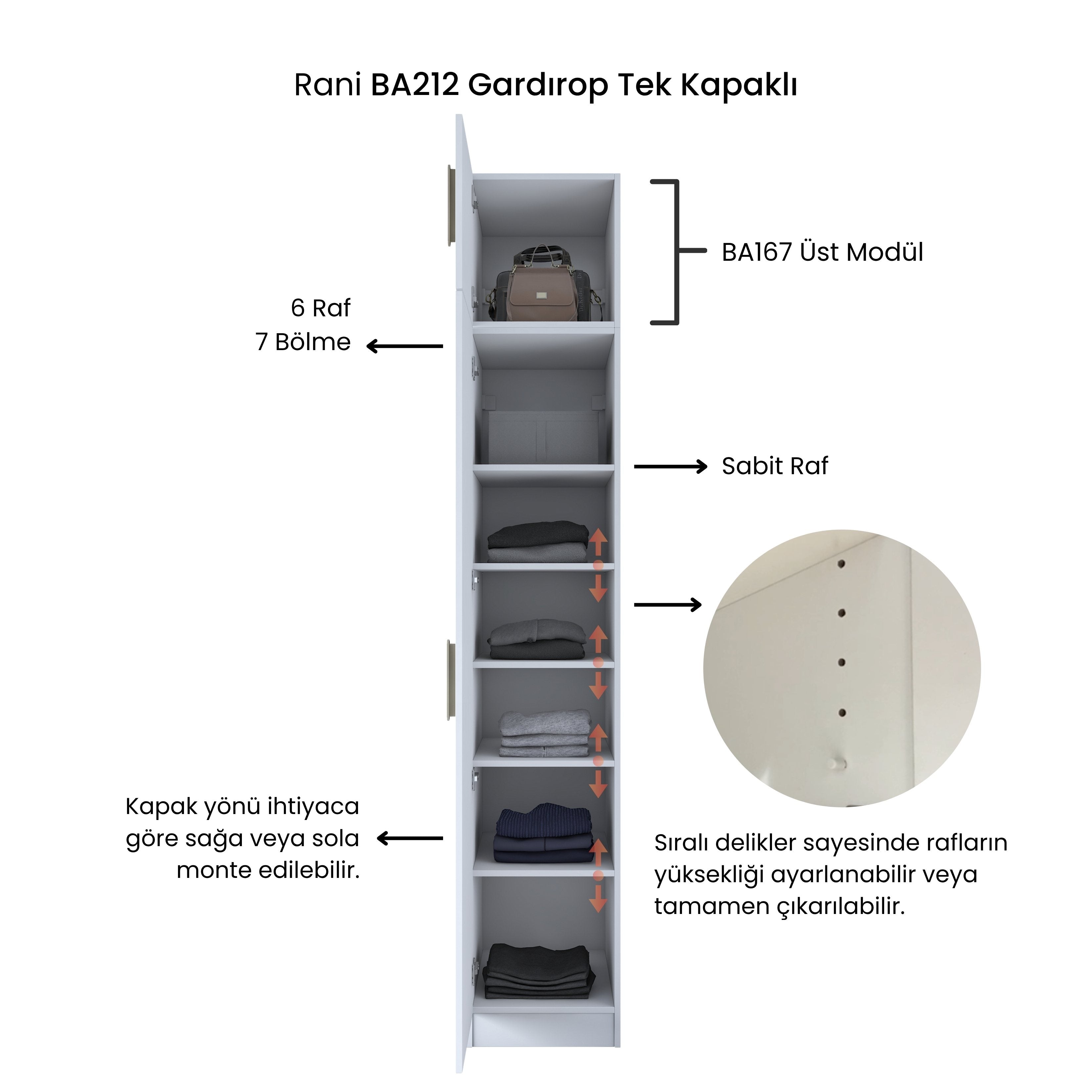 Rani BA212 Gardırop Tek Kapaklı 6 Raflı Elbise Dolabı Beyaz