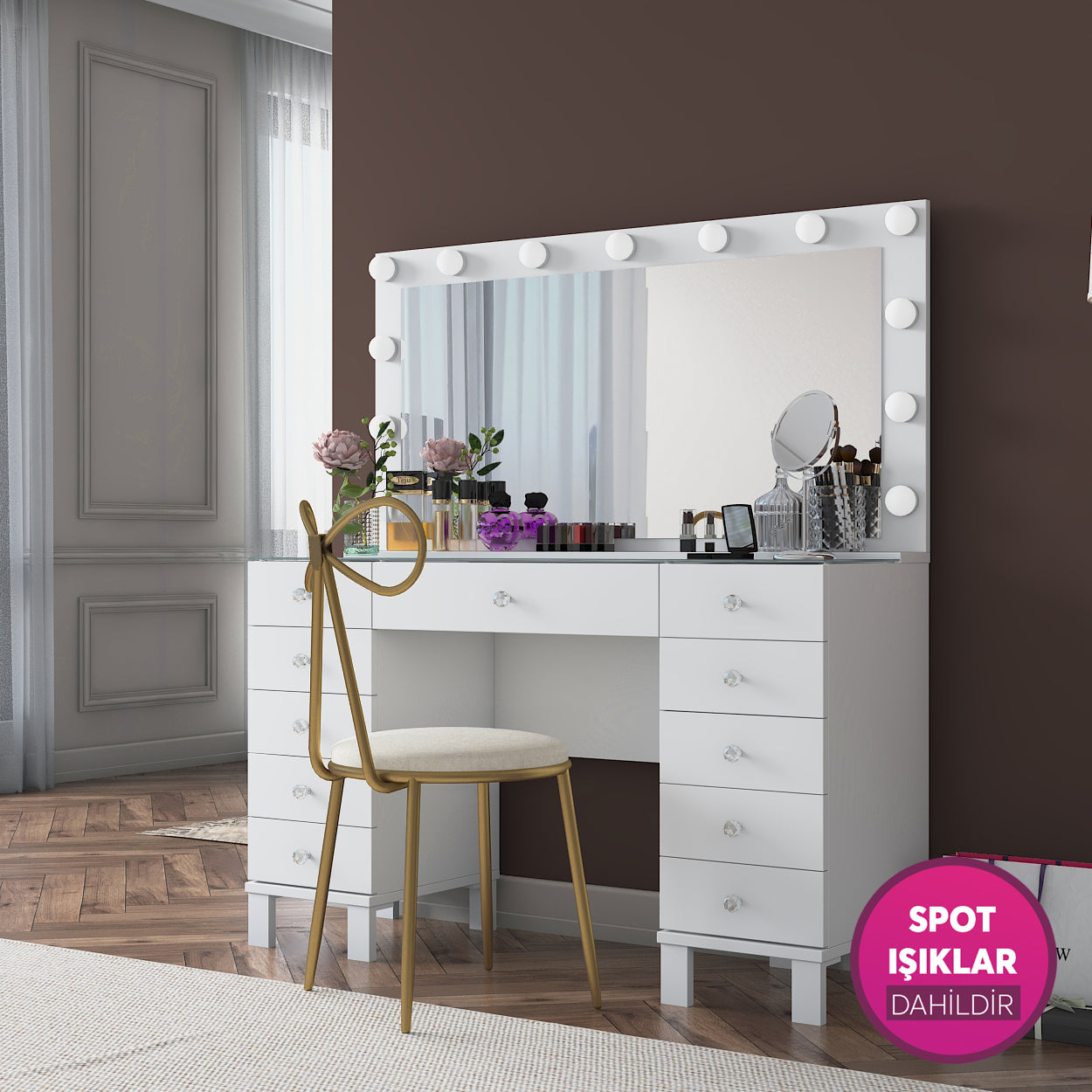 Rani BJ183 Hollywood Işıklı Aynalı Makyaj Masası Cam Tablalı Fiyonk Sandalye Takım Beyaz