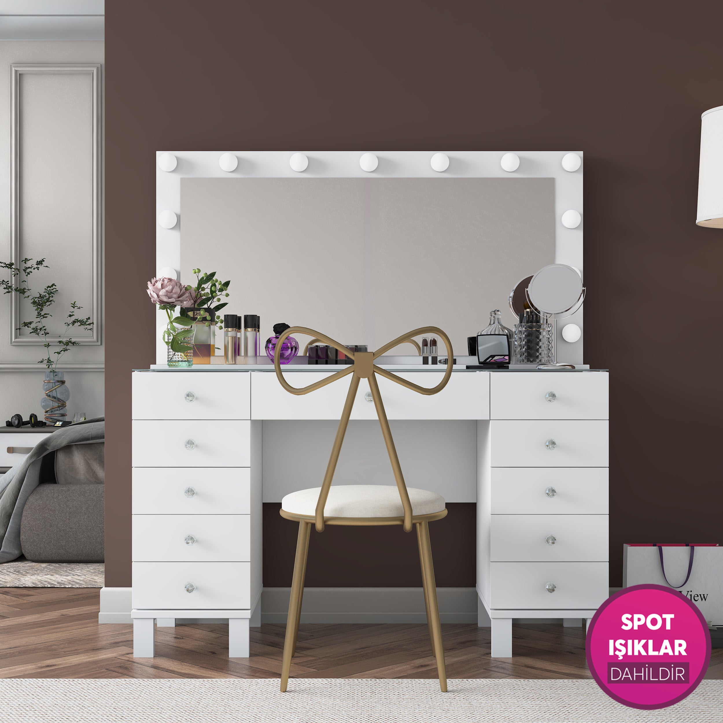 Rani BJ183 Hollywood Işıklı Aynalı Makyaj Masası Cam Tablalı Fiyonk Sandalye Takım Beyaz