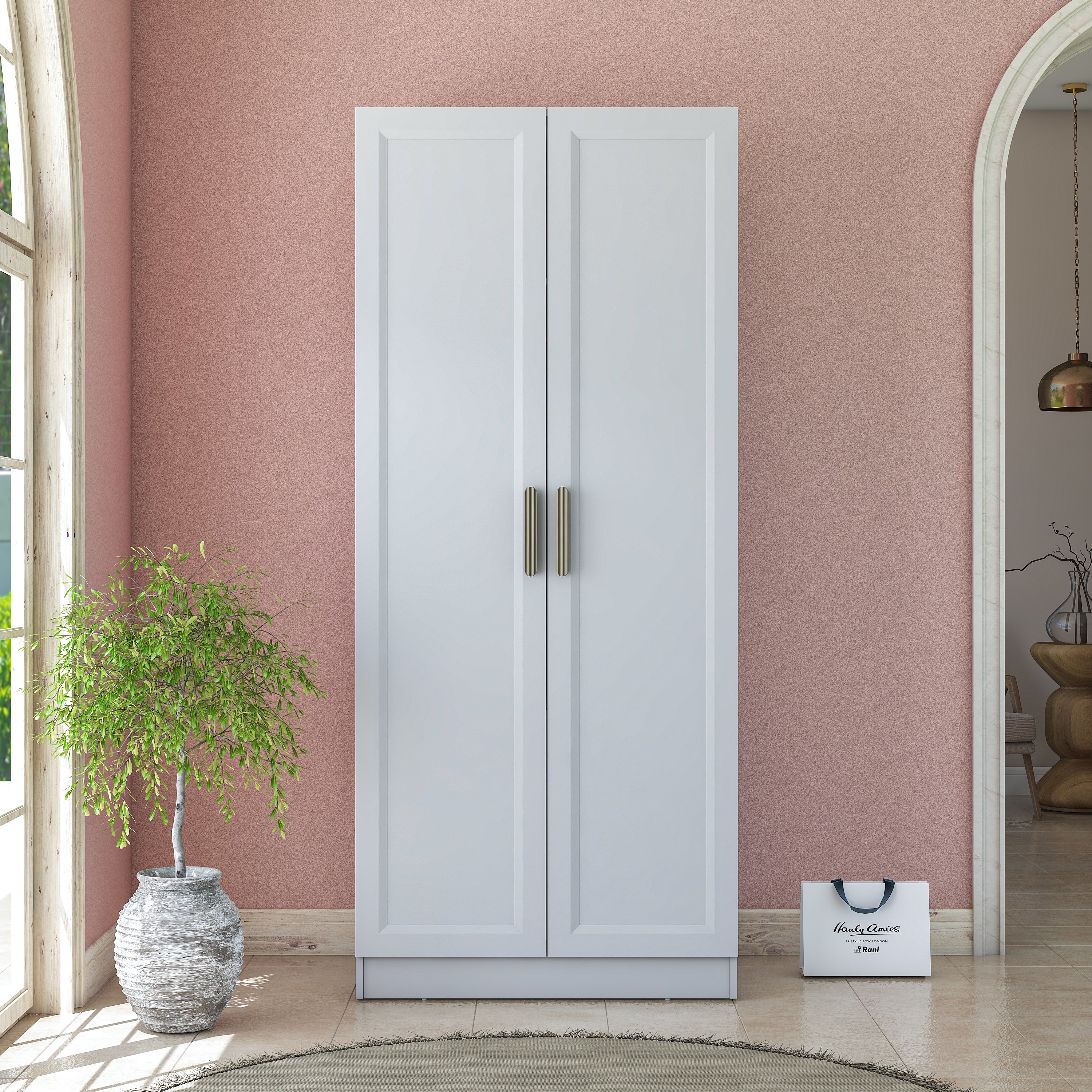 Rani BA226 Membran Kapaklı Gardırop 2 Kapaklı 2 Raflı Askılı Elbise Dolabı Beyaz