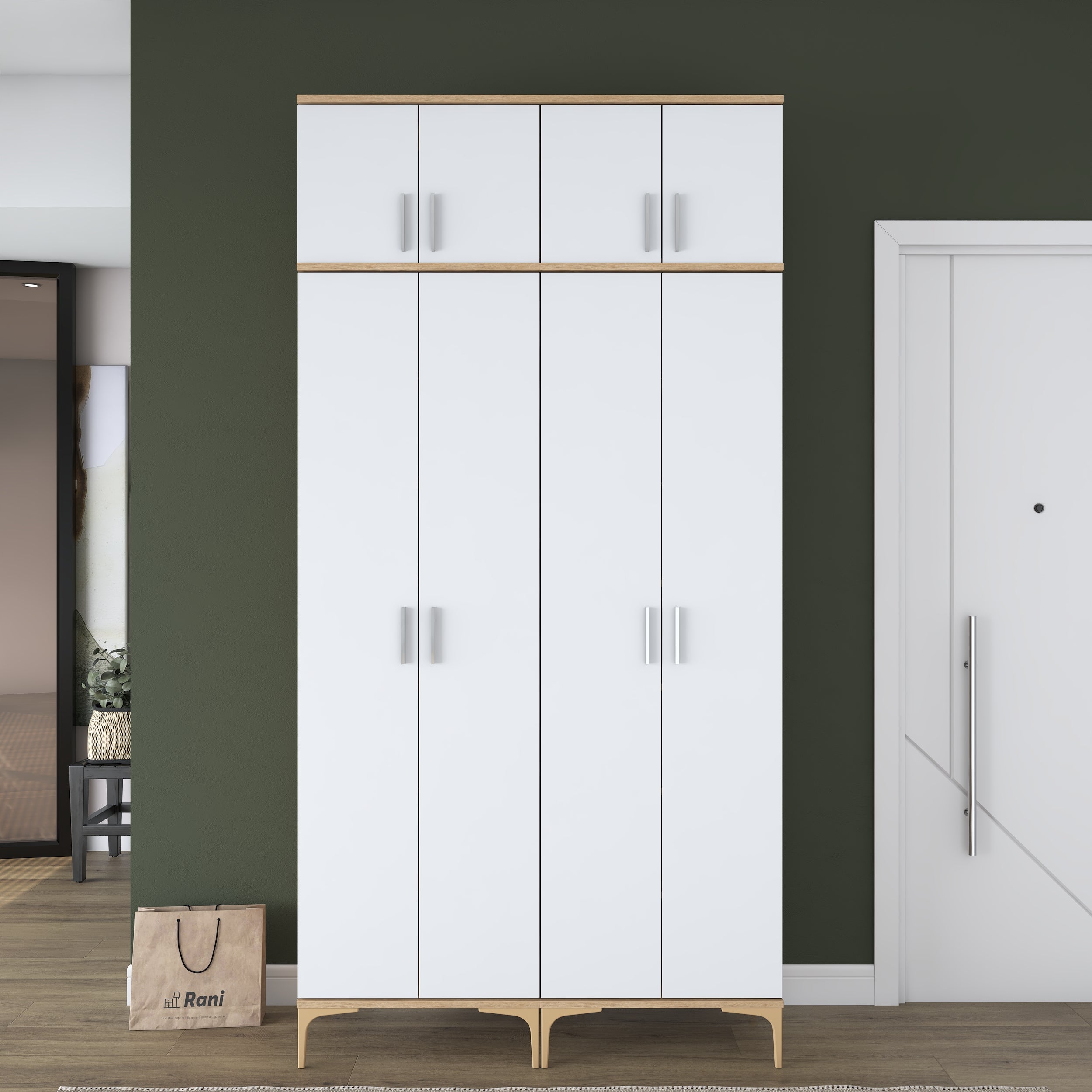 Rani EA161 Modern Portmanto 8 Kapaklı 8 Raflı 4 Askılı Ayakkabılık Vestiyer Sepet Ceviz - Beyaz