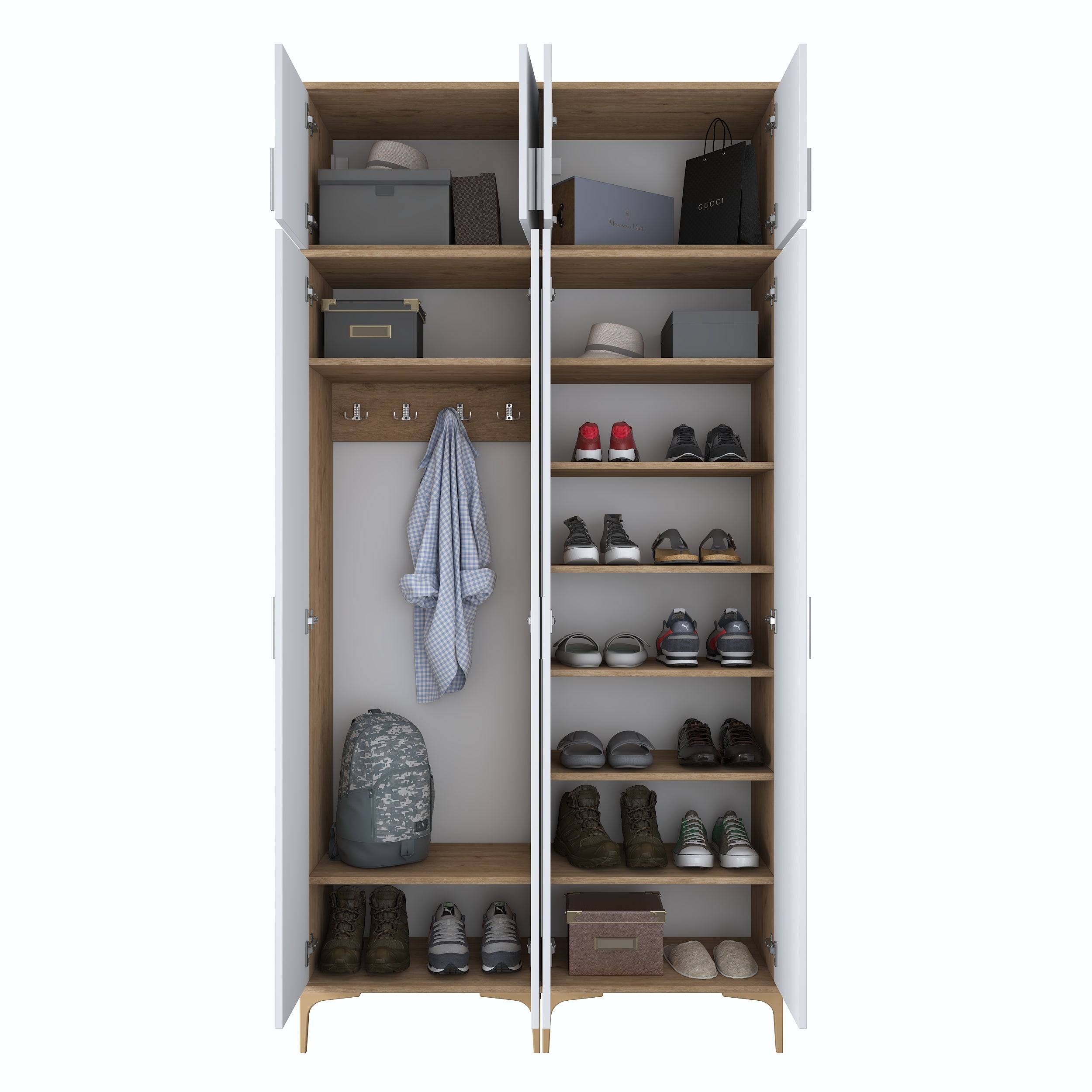 Rani EA161 Modern Portmanto 8 Kapaklı 8 Raflı 4 Askılı Ayakkabılık Vestiyer Sepet Ceviz - Beyaz