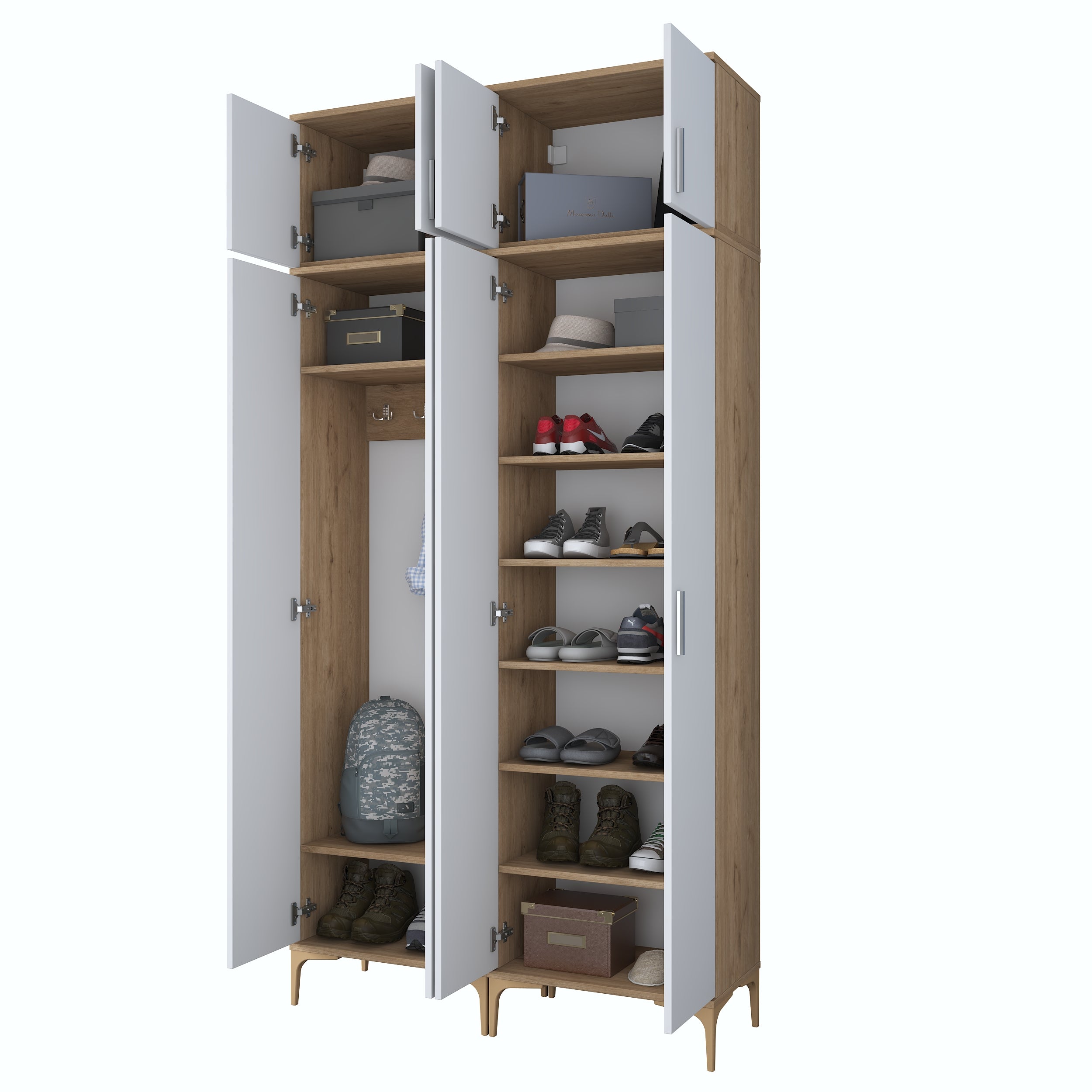 Rani EA161 Modern Portmanto 8 Kapaklı 8 Raflı 4 Askılı Ayakkabılık Vestiyer Sepet Ceviz - Beyaz