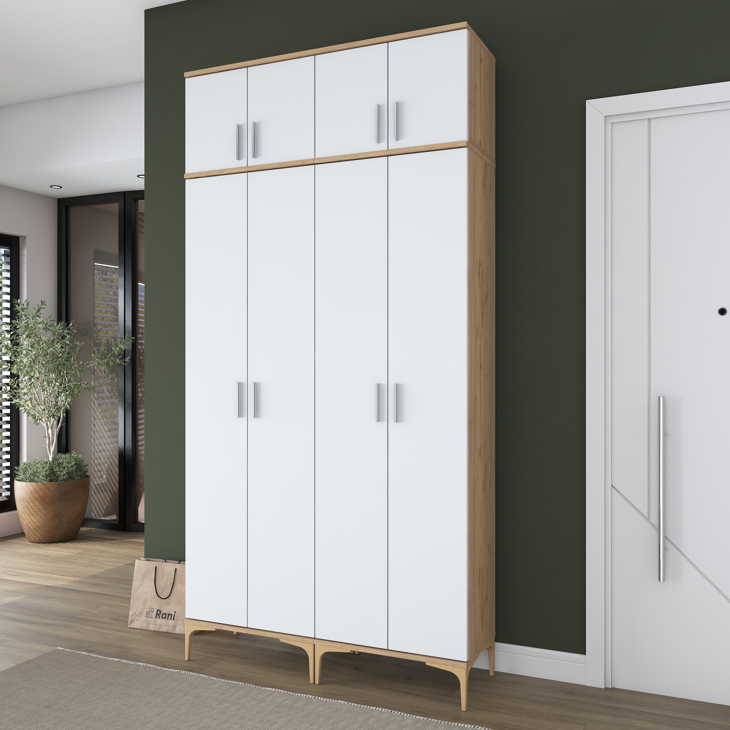 Rani EA161 Modern Portmanto 8 Kapaklı 8 Raflı 4 Askılı Ayakkabılık Vestiyer Sepet Ceviz - Beyaz