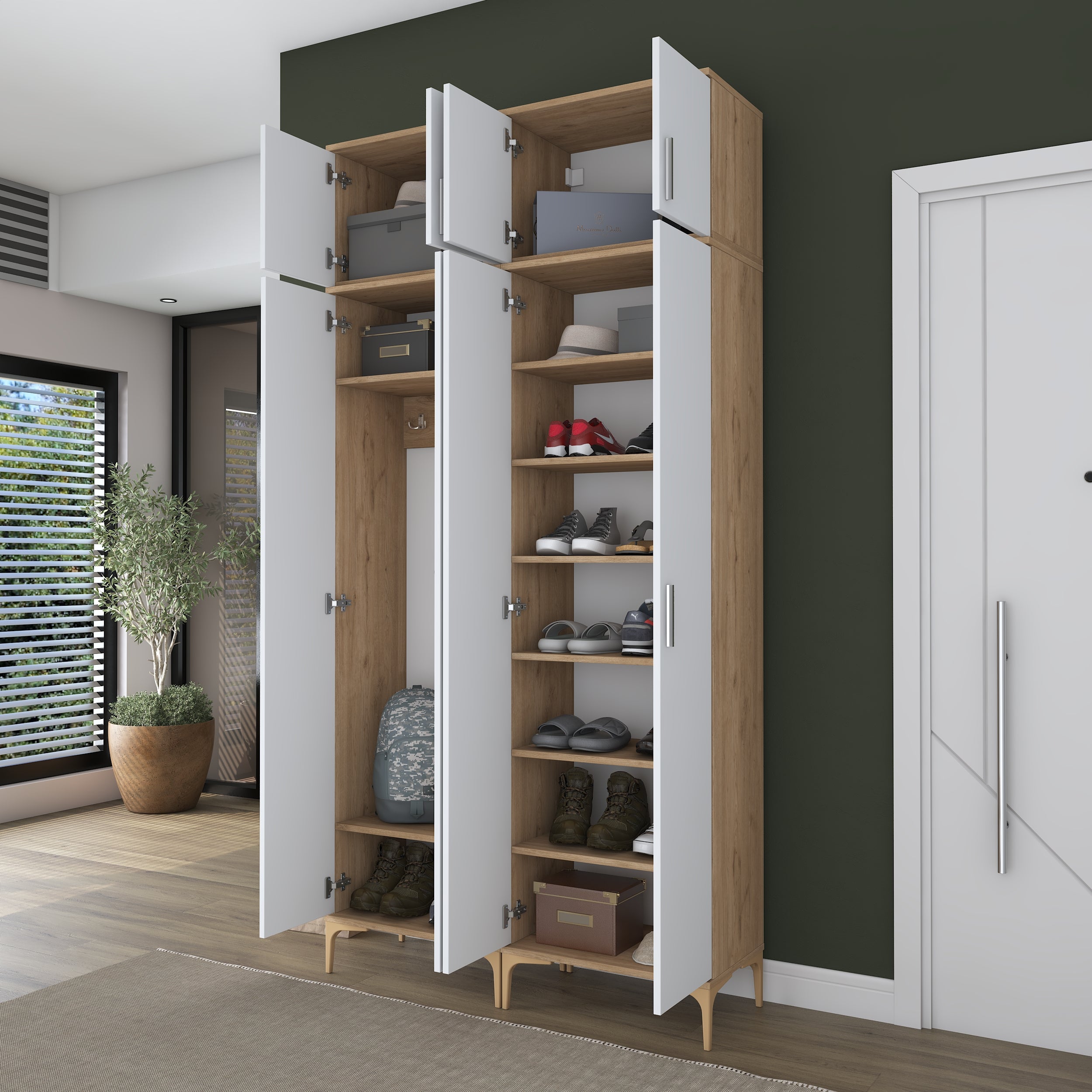 Rani EA161 Modern Portmanto 8 Kapaklı 8 Raflı 4 Askılı Ayakkabılık Vestiyer Sepet Ceviz - Beyaz