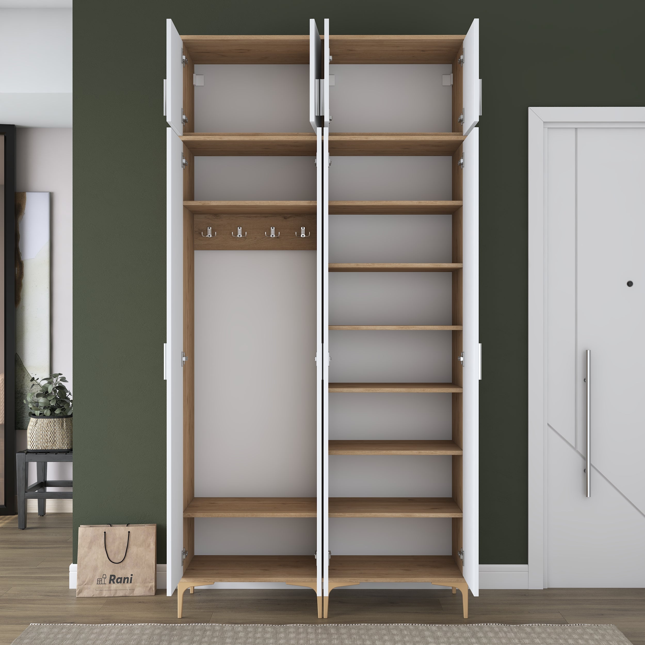 Rani EA161 Modern Portmanto 8 Kapaklı 8 Raflı 4 Askılı Ayakkabılık Vestiyer Sepet Ceviz - Beyaz