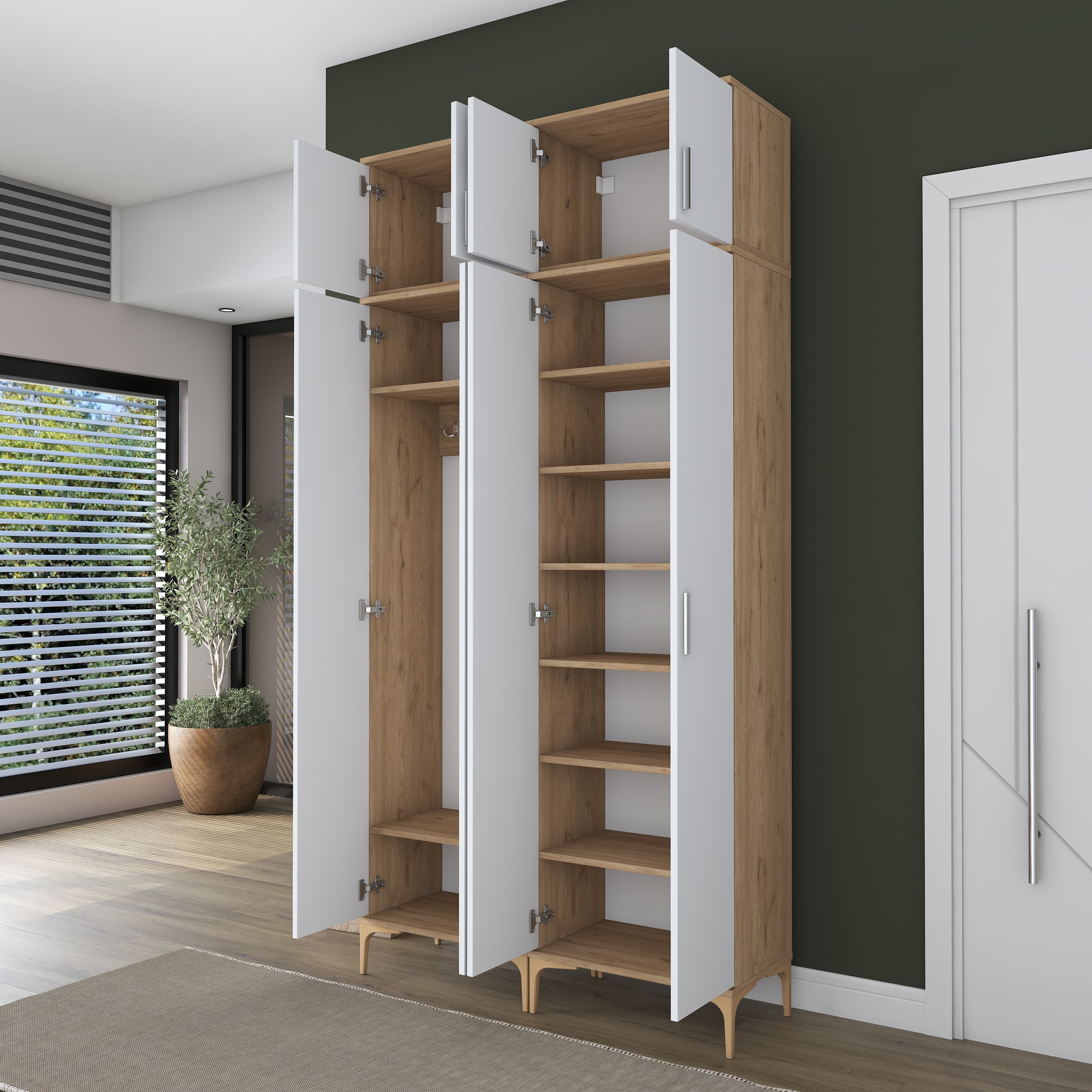 Rani EA161 Modern Portmanto 8 Kapaklı 8 Raflı 4 Askılı Ayakkabılık Vestiyer Sepet Ceviz - Beyaz