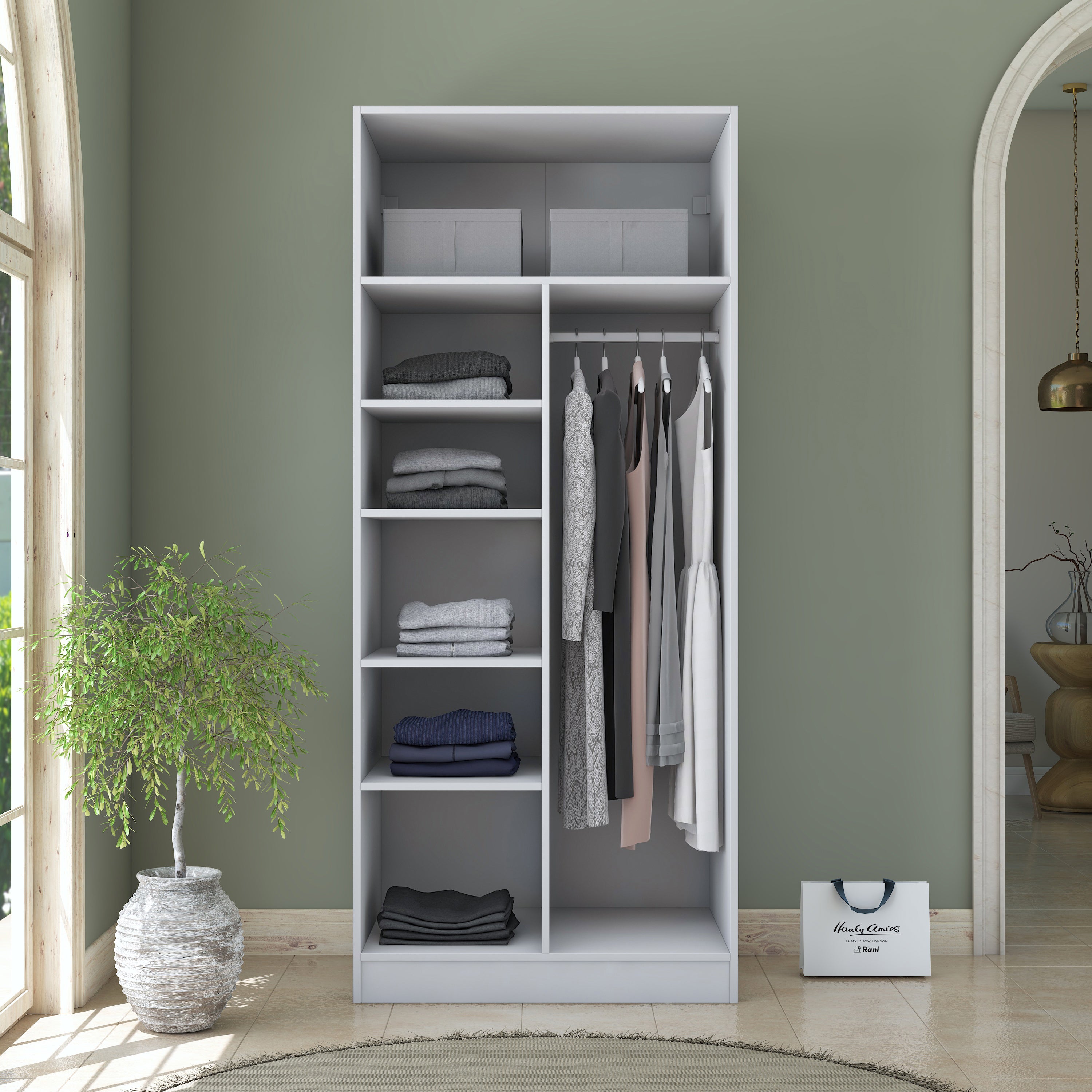 Rani BA223 Membran Kapaklı Gardırop 2 Kapaklı 5 Raflı Askılı Elbise Dolabı Beyaz