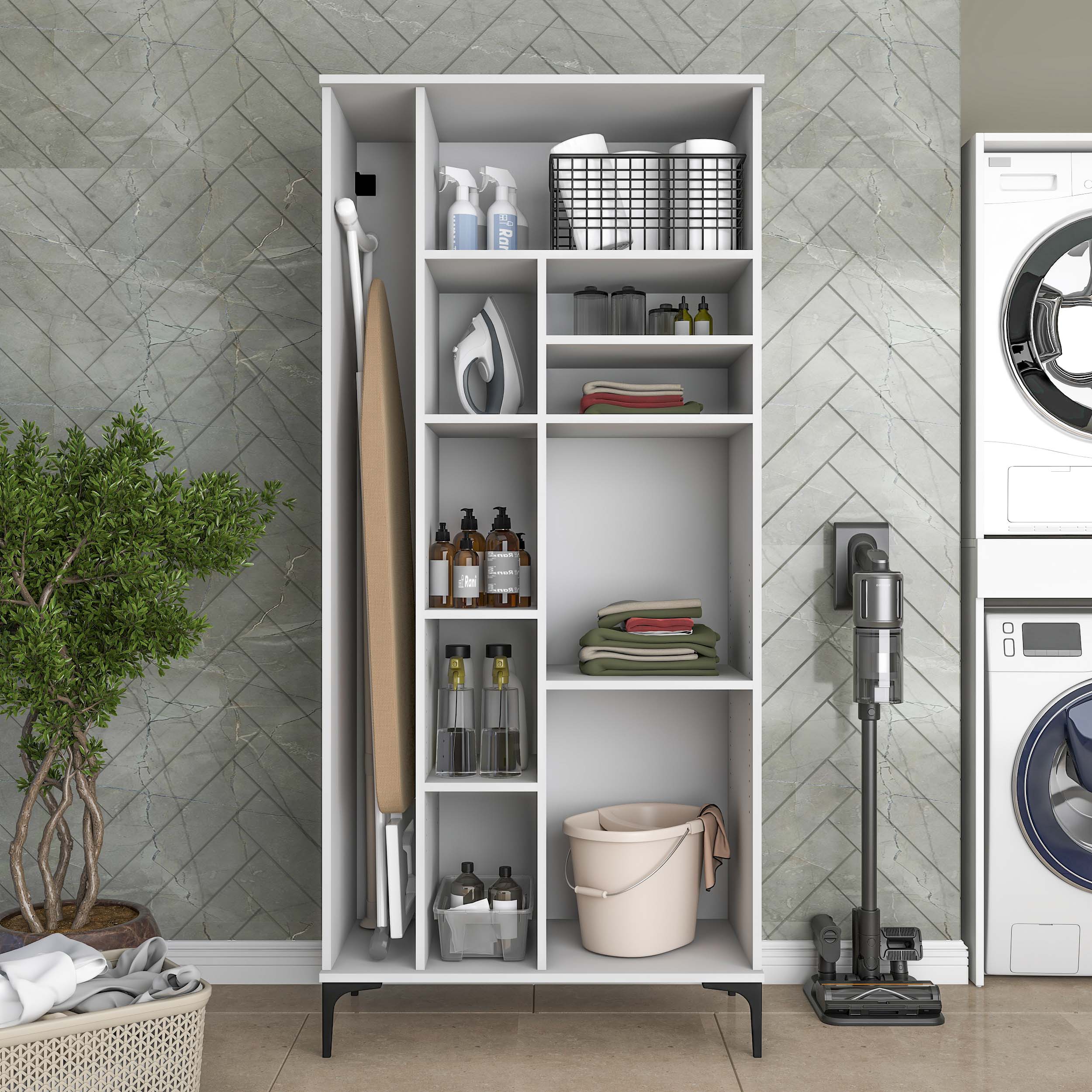 Rani KC103 Banyo Dolabı 2 Kapaklı 7 Raflı Çok Amaçlı Dolap Beyaz