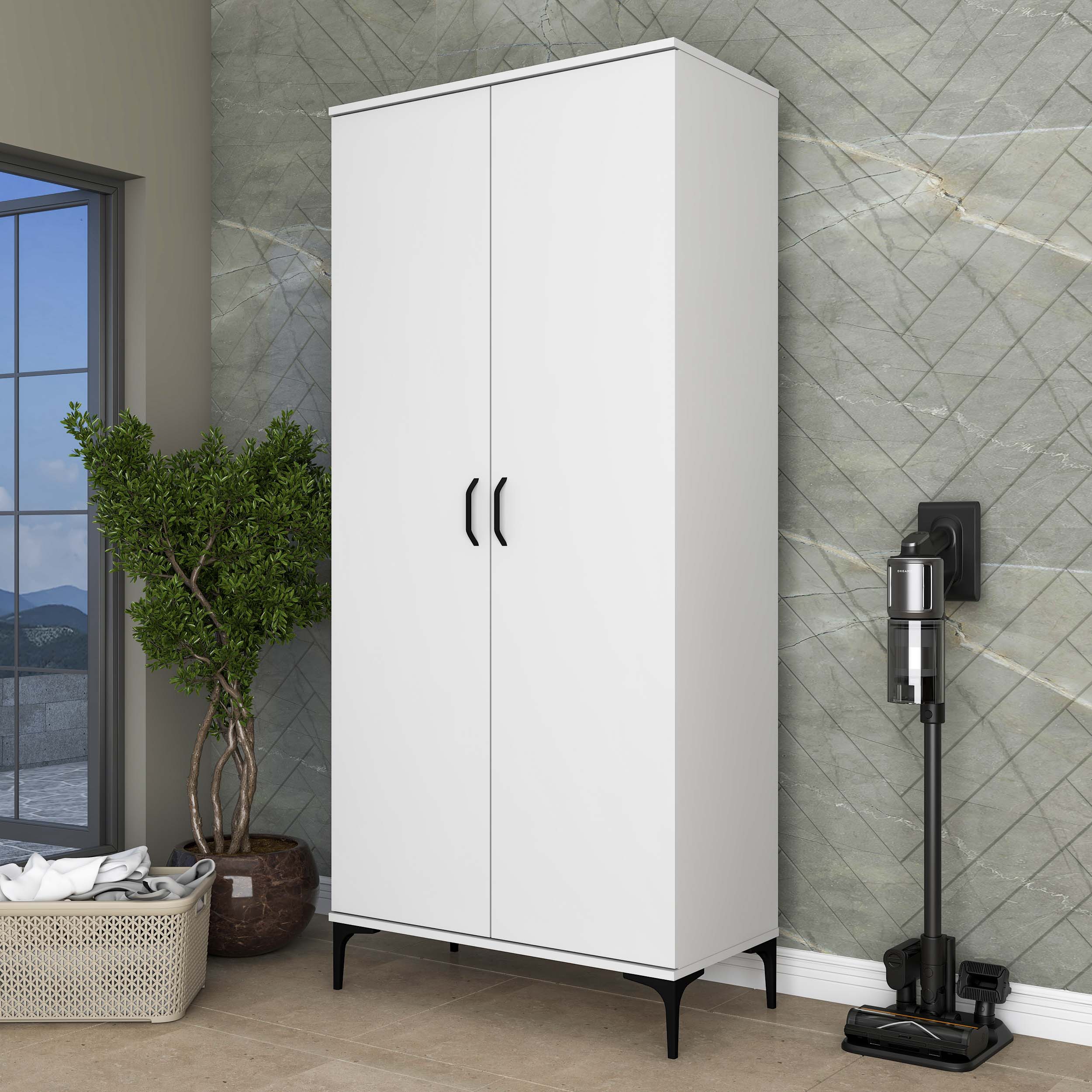 Rani KC103 Banyo Dolabı 2 Kapaklı 7 Raflı Çok Amaçlı Dolap Beyaz