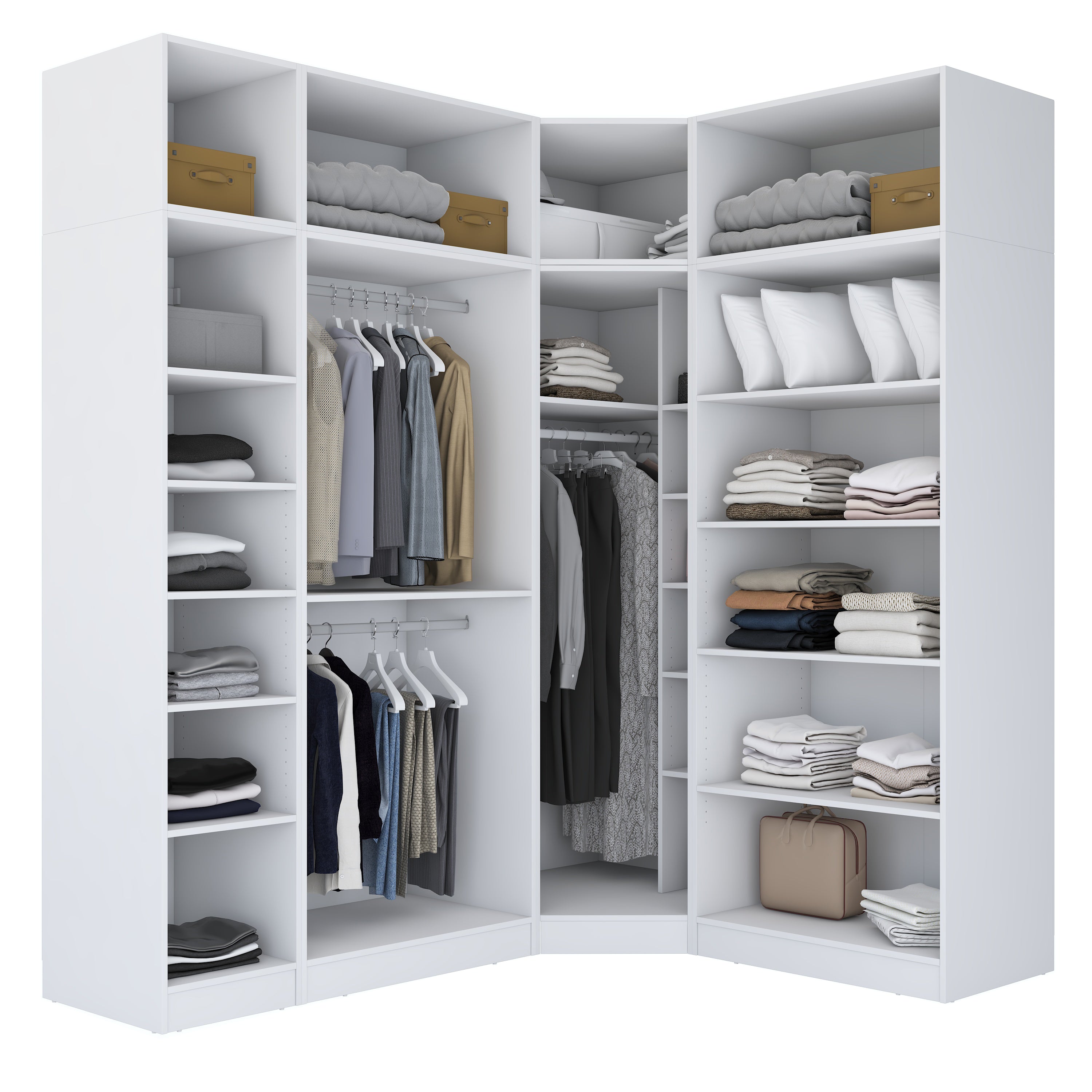 Rani BA229 Modüler Köşe Gardırop 6 Kapaklı Raflı Askılı Elbise Dolabı Beyaz