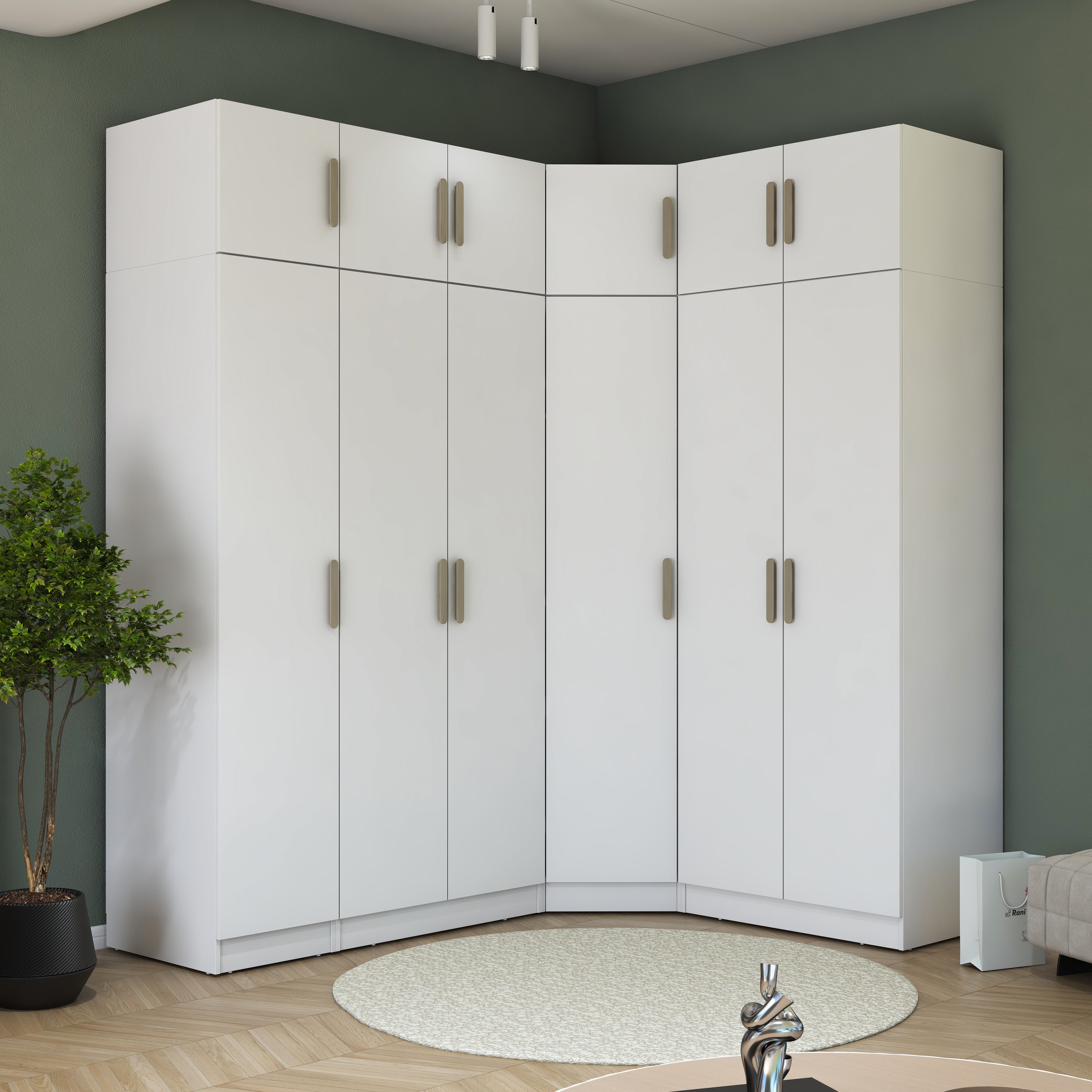 Rani BA229 Modüler Köşe Gardırop 6 Kapaklı Raflı Askılı Elbise Dolabı Beyaz