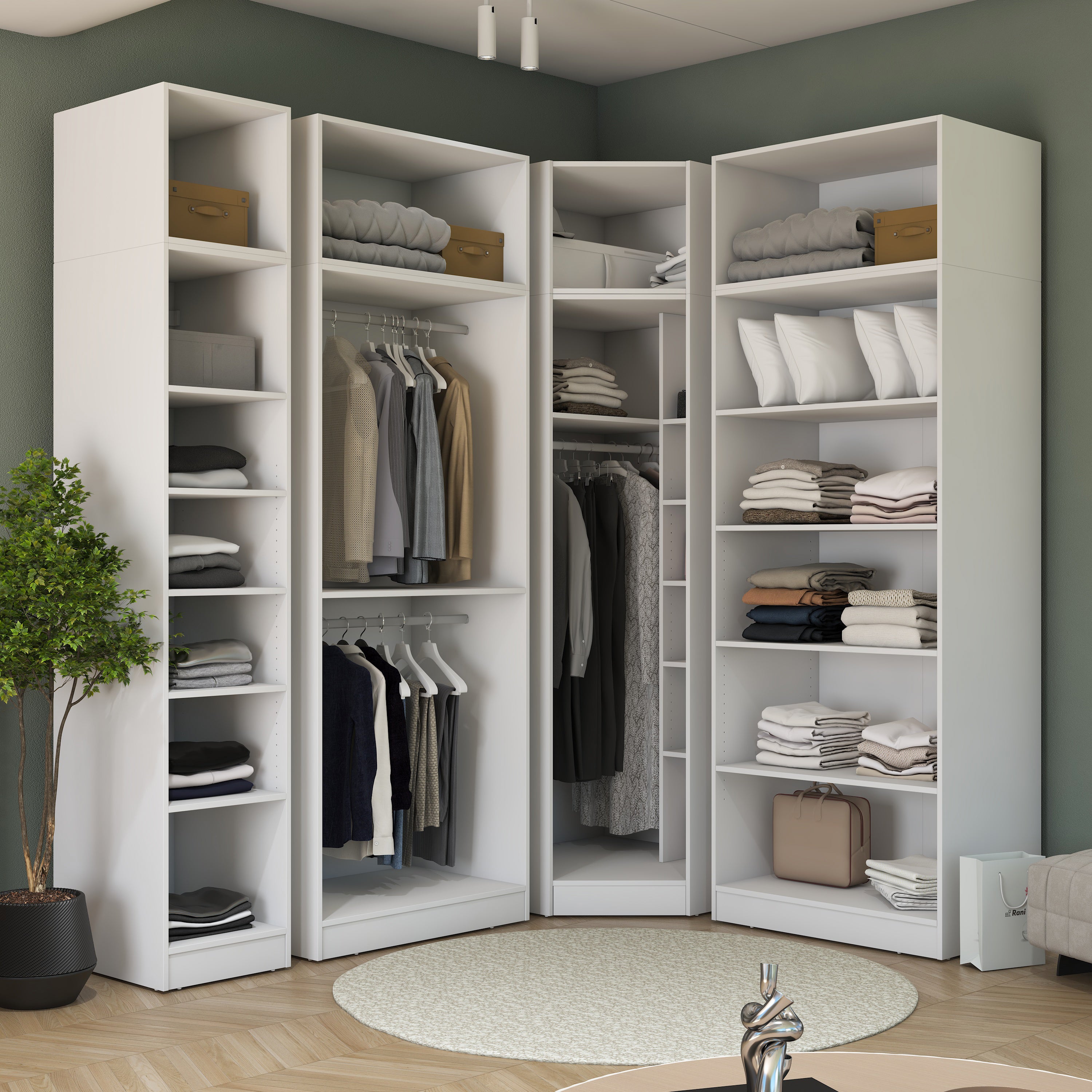 Rani BA229 Modüler Köşe Gardırop 6 Kapaklı Raflı Askılı Elbise Dolabı Beyaz