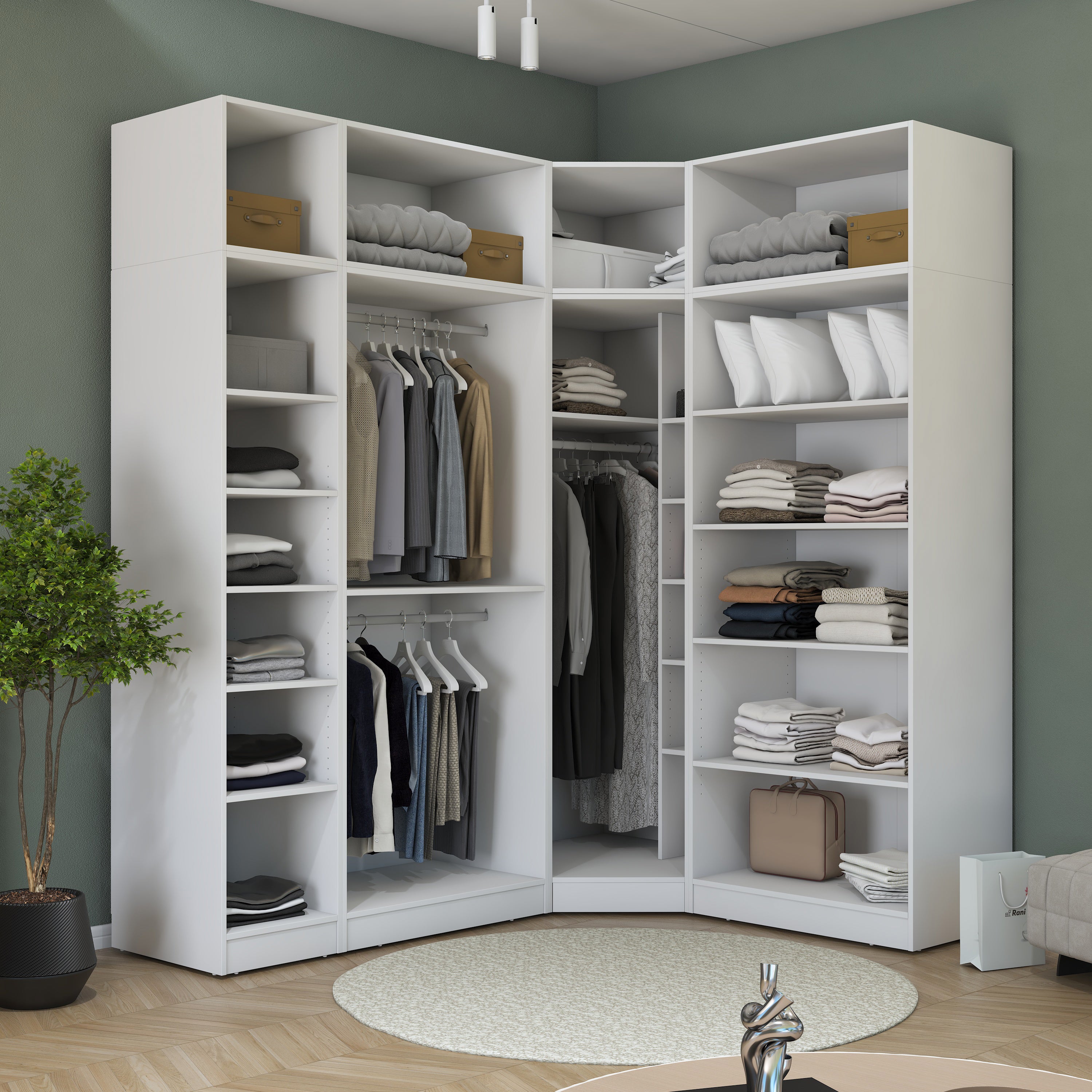 Rani BA229 Modüler Köşe Gardırop 6 Kapaklı Raflı Askılı Elbise Dolabı Beyaz