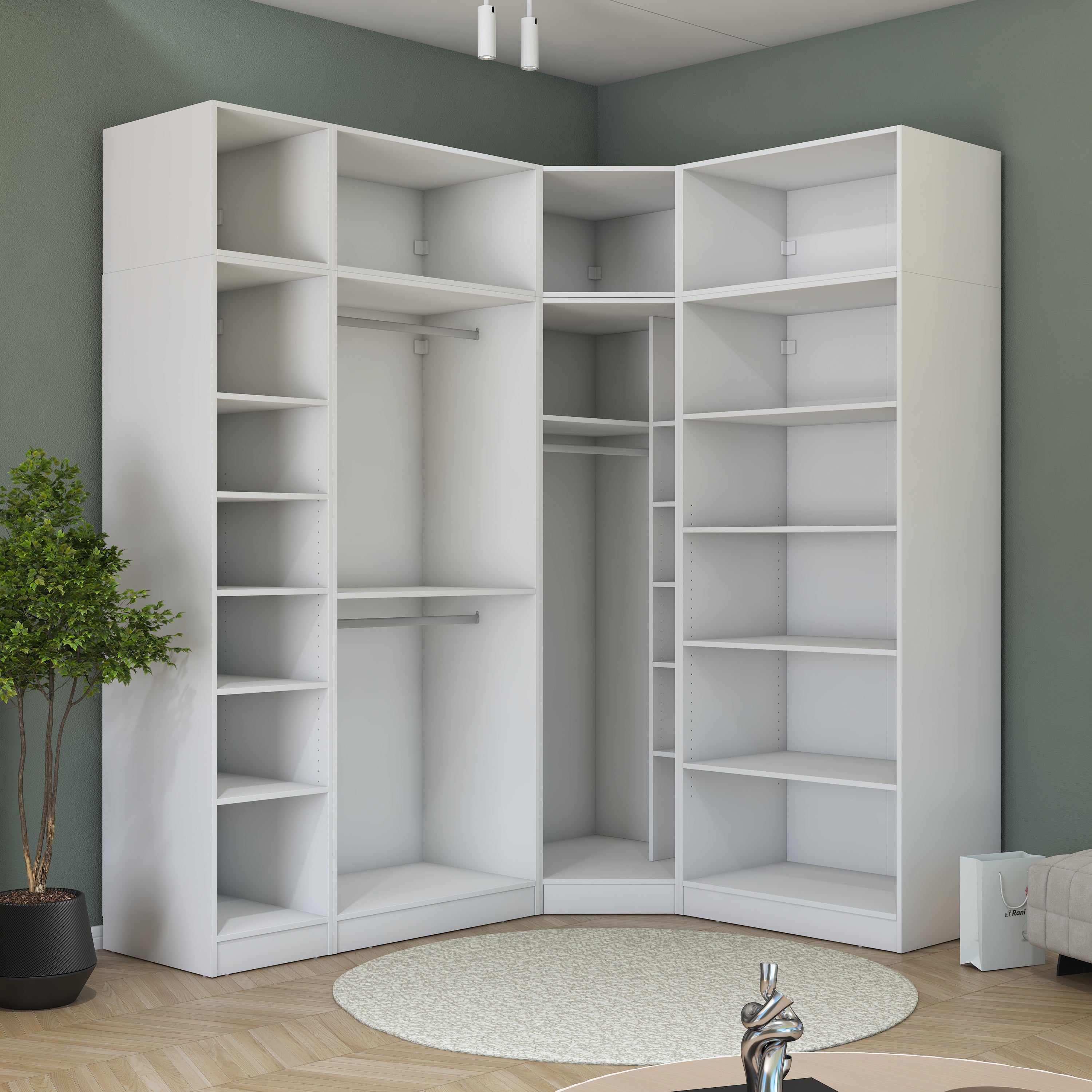 Rani BA229 Modüler Köşe Gardırop 6 Kapaklı Raflı Askılı Elbise Dolabı Beyaz