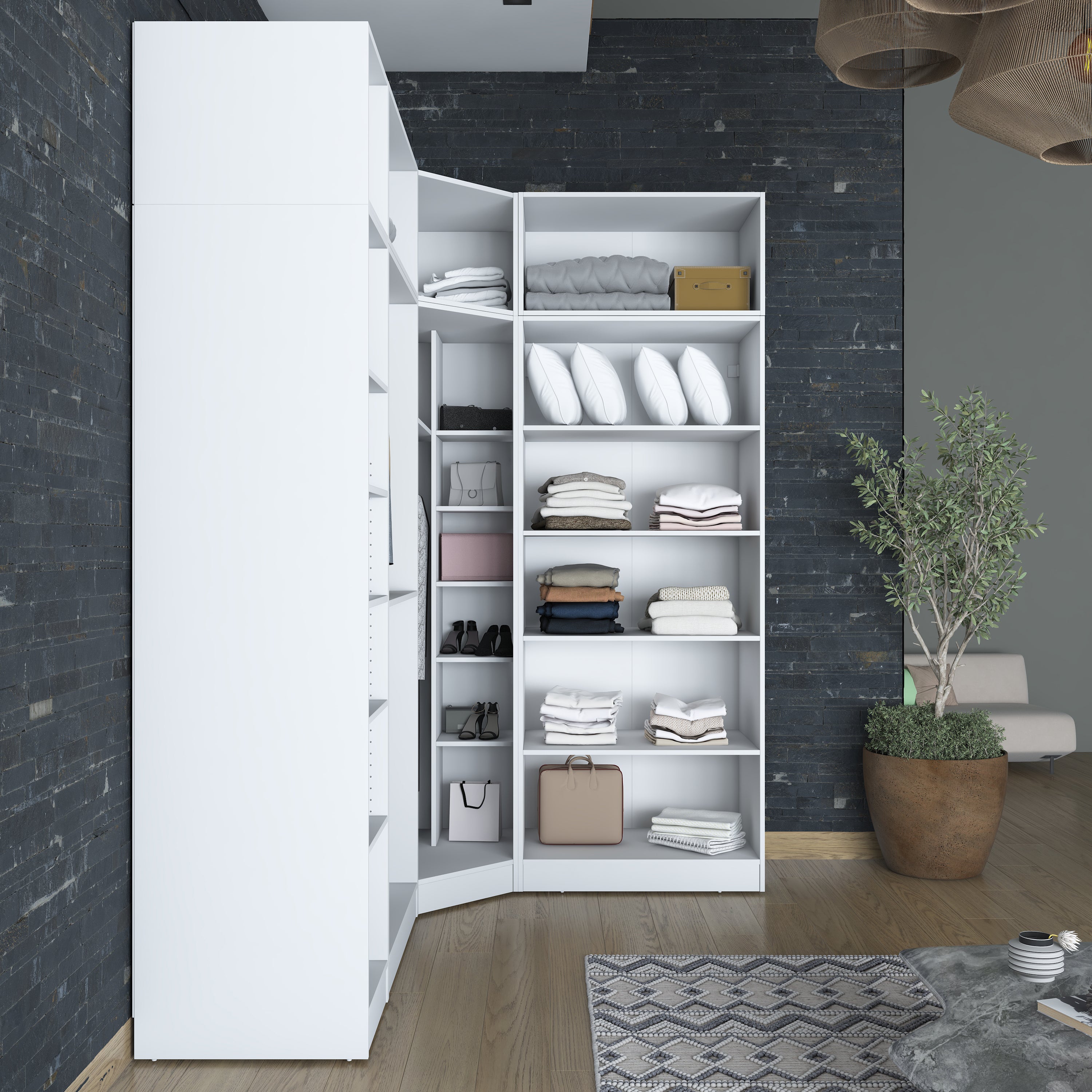 Rani BA229 Modüler Köşe Gardırop 6 Kapaklı Raflı Askılı Elbise Dolabı Beyaz