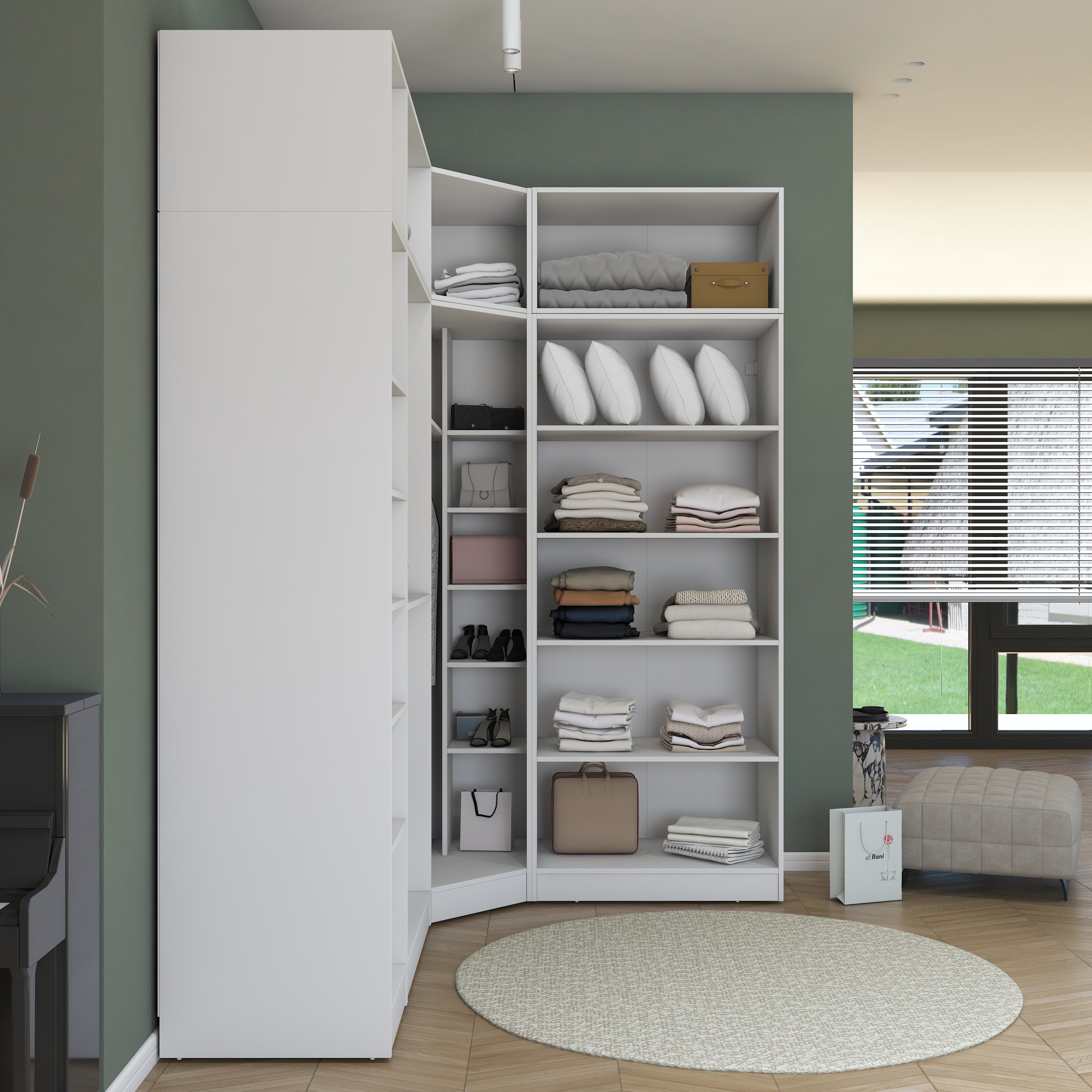 Rani BA229 Modüler Köşe Gardırop 6 Kapaklı Raflı Askılı Elbise Dolabı Beyaz