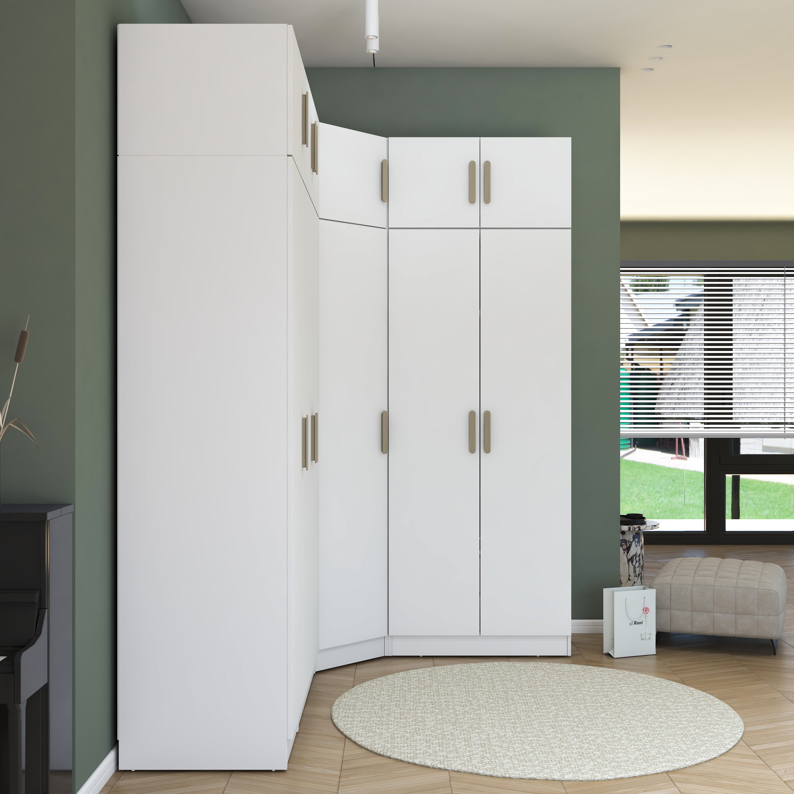 Rani BA229 Modüler Köşe Gardırop 6 Kapaklı Raflı Askılı Elbise Dolabı Beyaz
