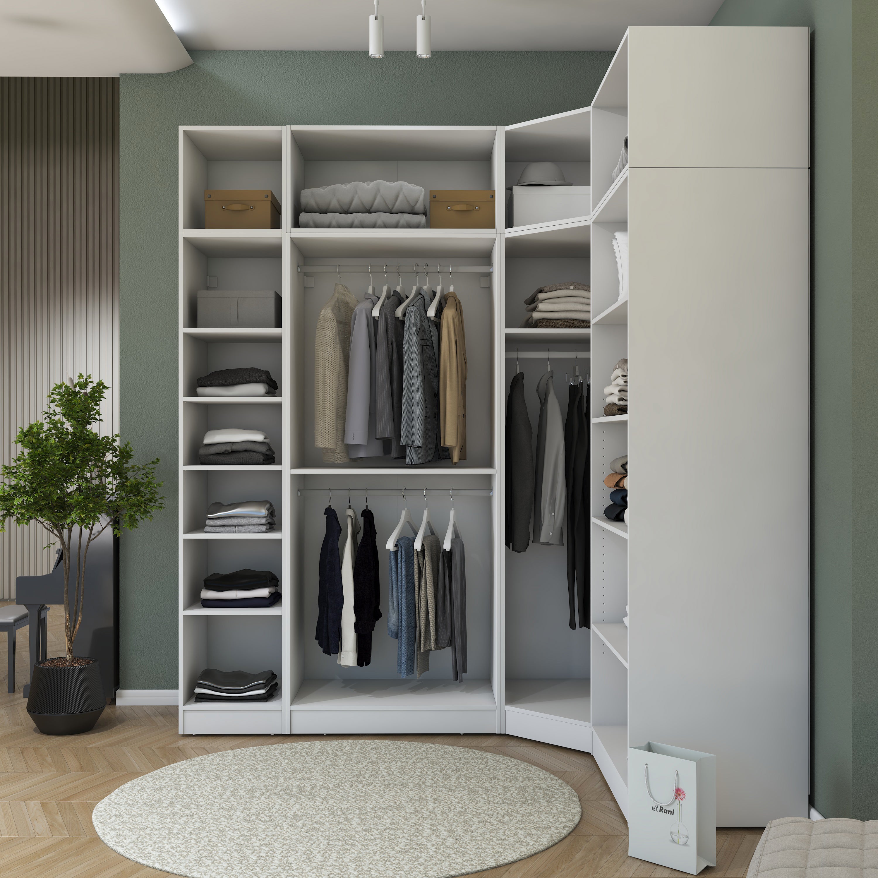Rani BA229 Modüler Köşe Gardırop 6 Kapaklı Raflı Askılı Elbise Dolabı Beyaz