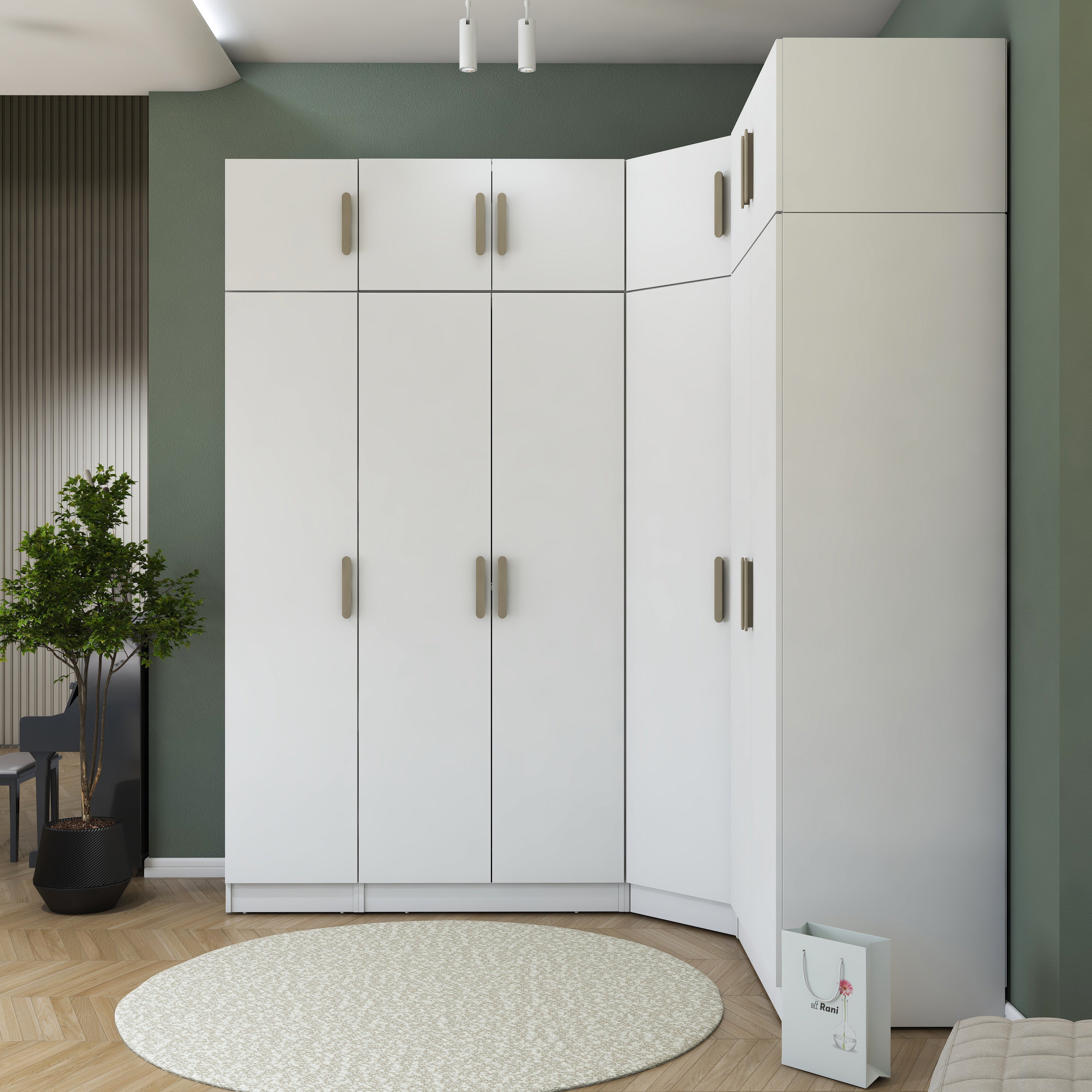 Rani BA229 Modüler Köşe Gardırop 6 Kapaklı Raflı Askılı Elbise Dolabı Beyaz