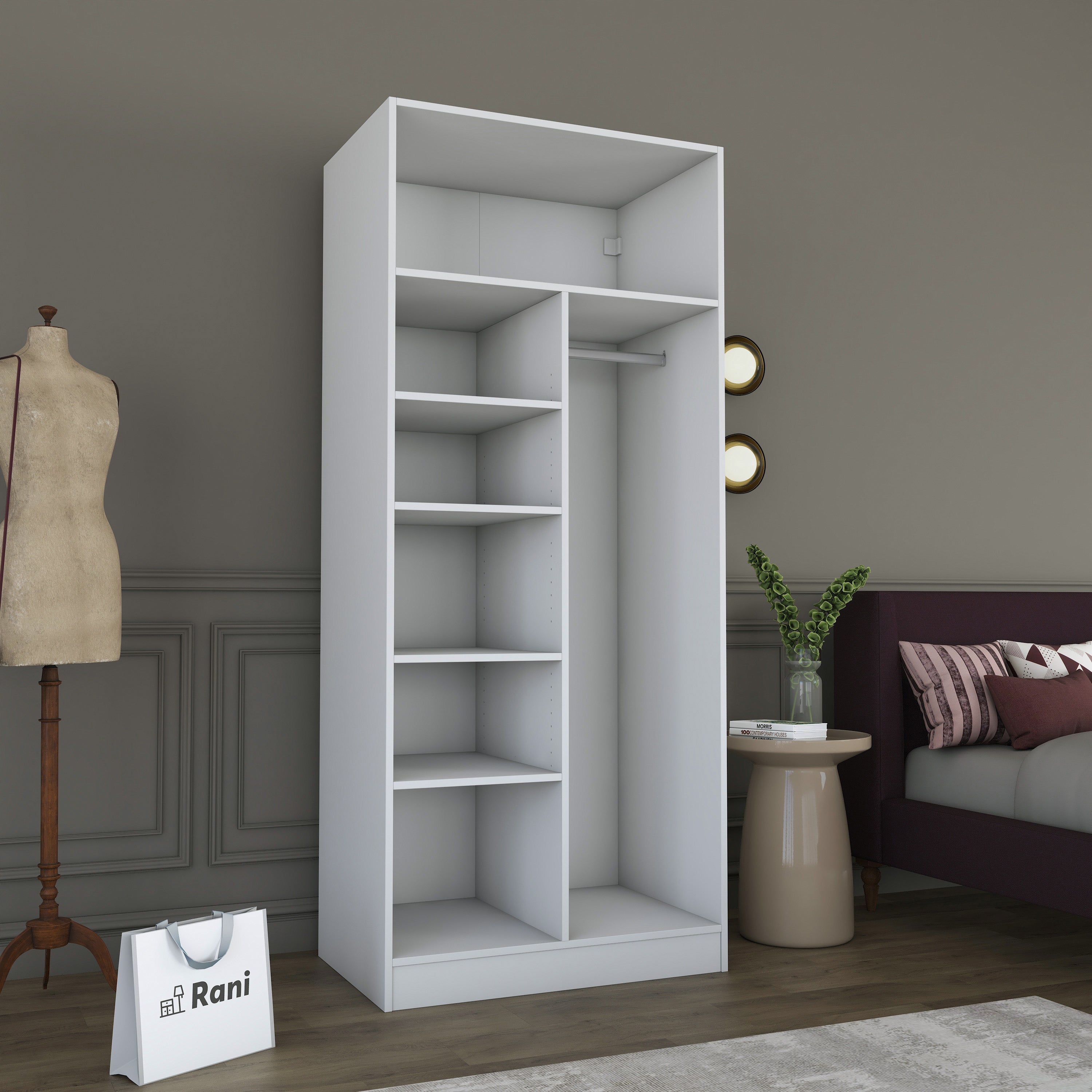Rani BA225 Membran Kapaklı Gardırop 2 Kapaklı 5 Raflı Askılı Elbise Dolabı Beyaz