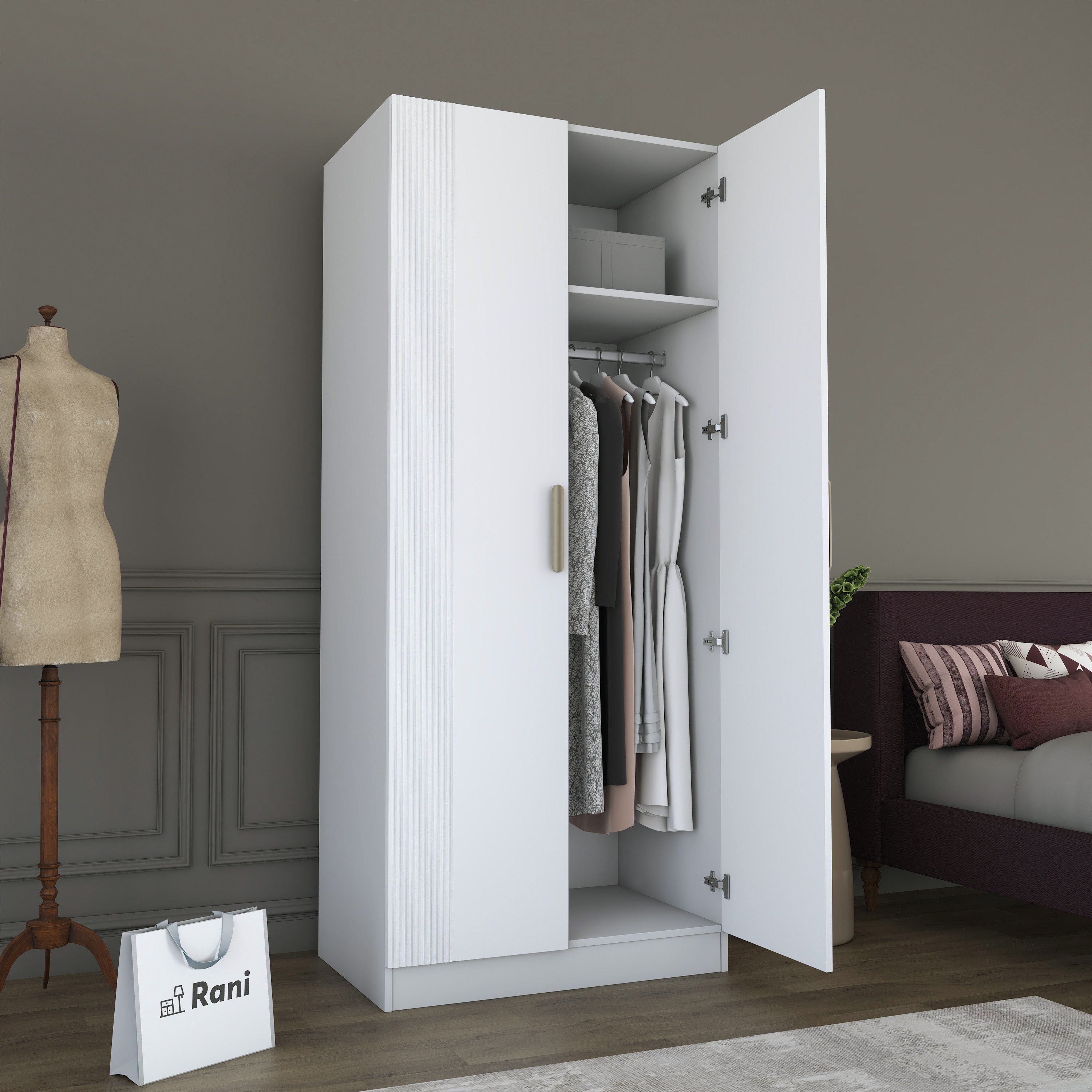 Rani BA225 Membran Kapaklı Gardırop 2 Kapaklı 5 Raflı Askılı Elbise Dolabı Beyaz