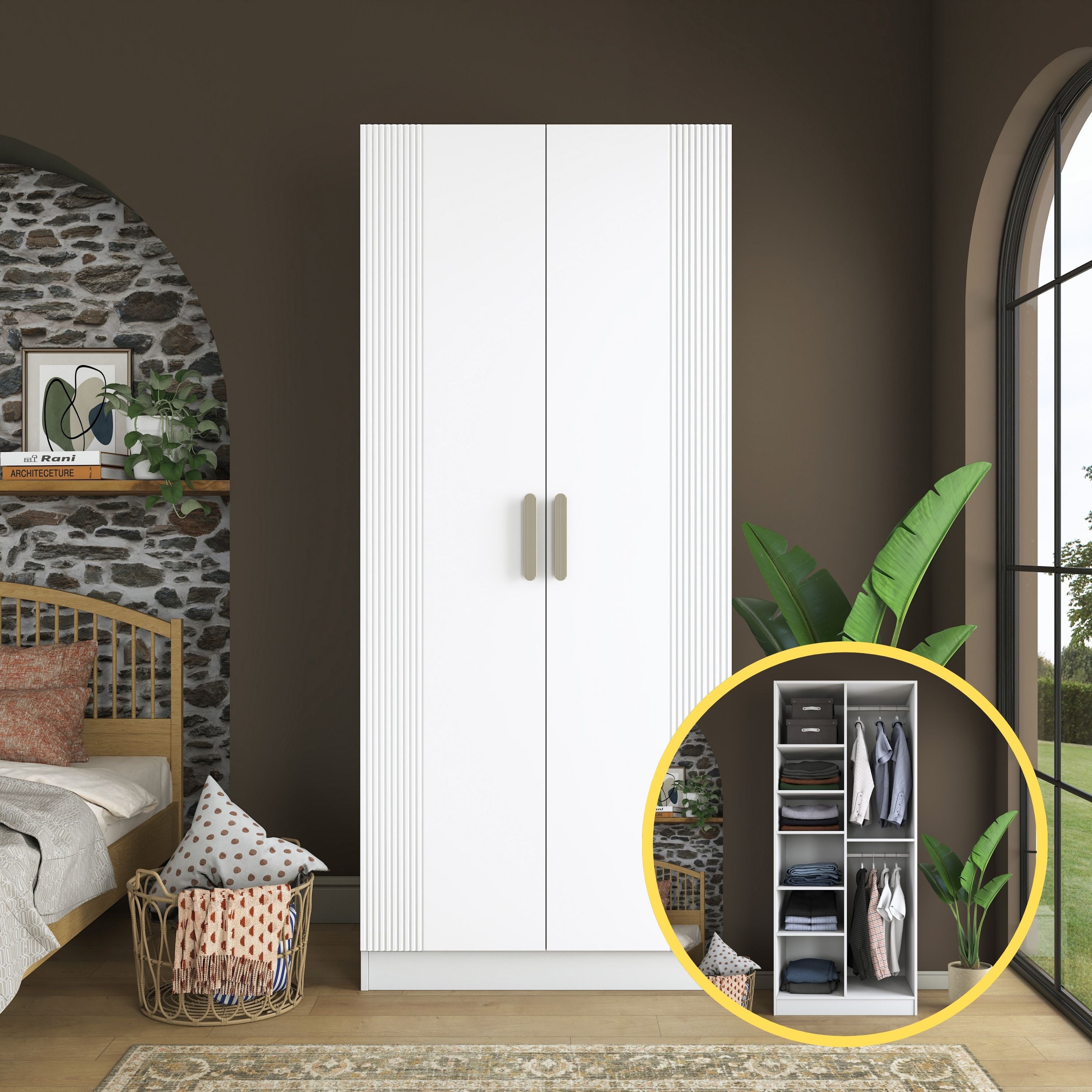 Rani BA222 Membran Kapaklı Gardırop 2 Kapaklı 6 Raflı 2 Askılı Elbise Dolabı Beyaz