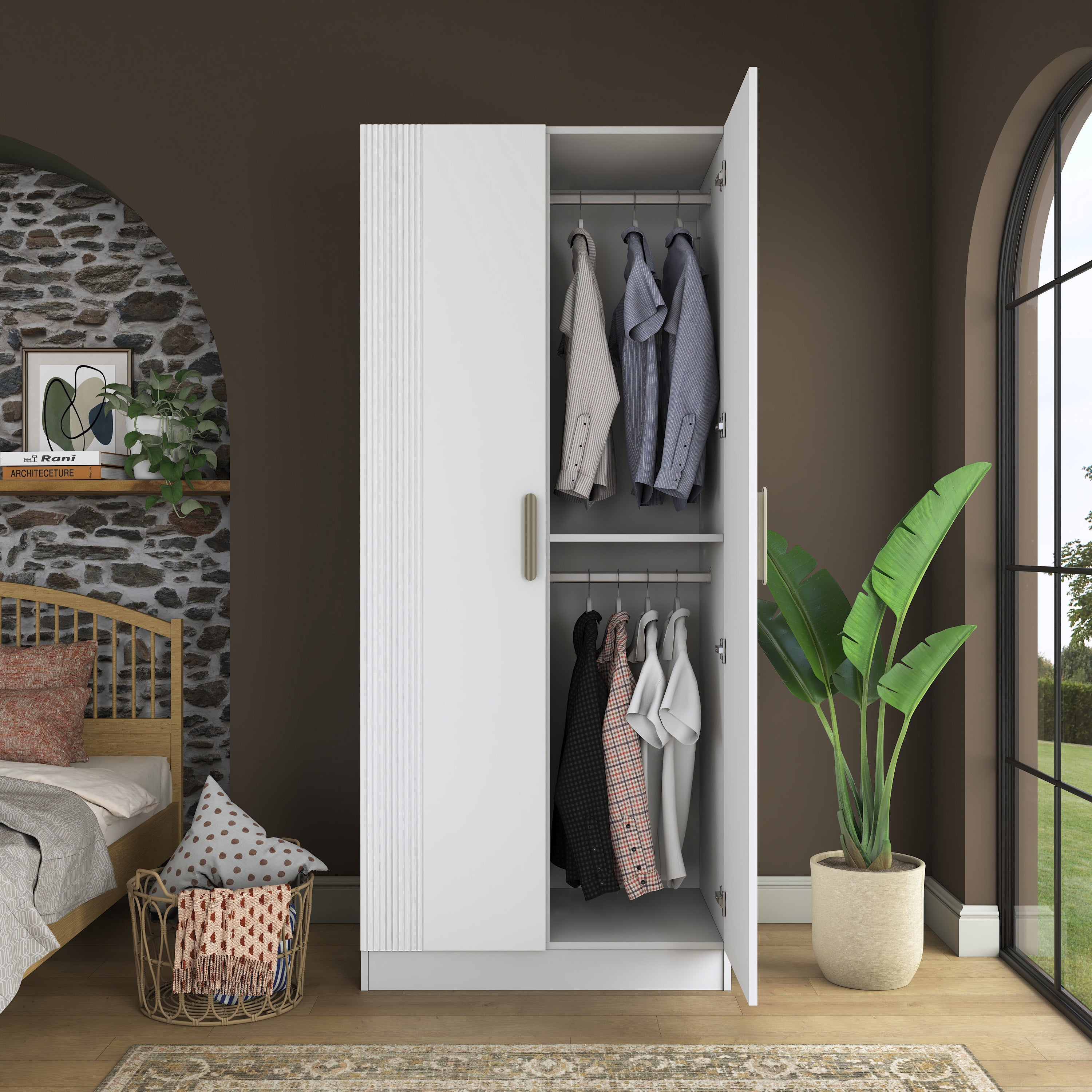 Rani BA222 Membran Kapaklı Gardırop 2 Kapaklı 6 Raflı 2 Askılı Elbise Dolabı Beyaz
