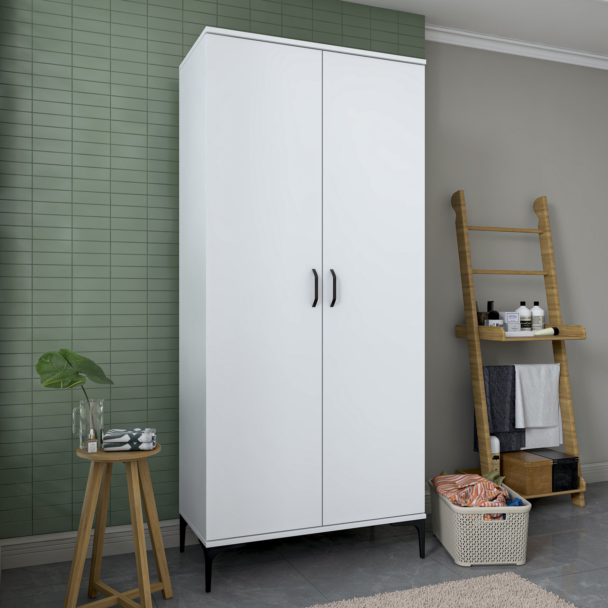 Rani KC104 Banyo Dolabı 2 Kapaklı 4 Raflı Çok Amaçlı Dolap Beyaz