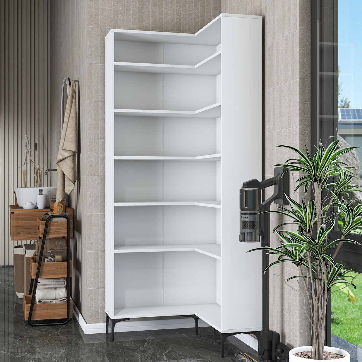 Rani KC106 Köşe Banyo Dolabı 5 Raflı Çok Amaçlı Dolap Beyaz