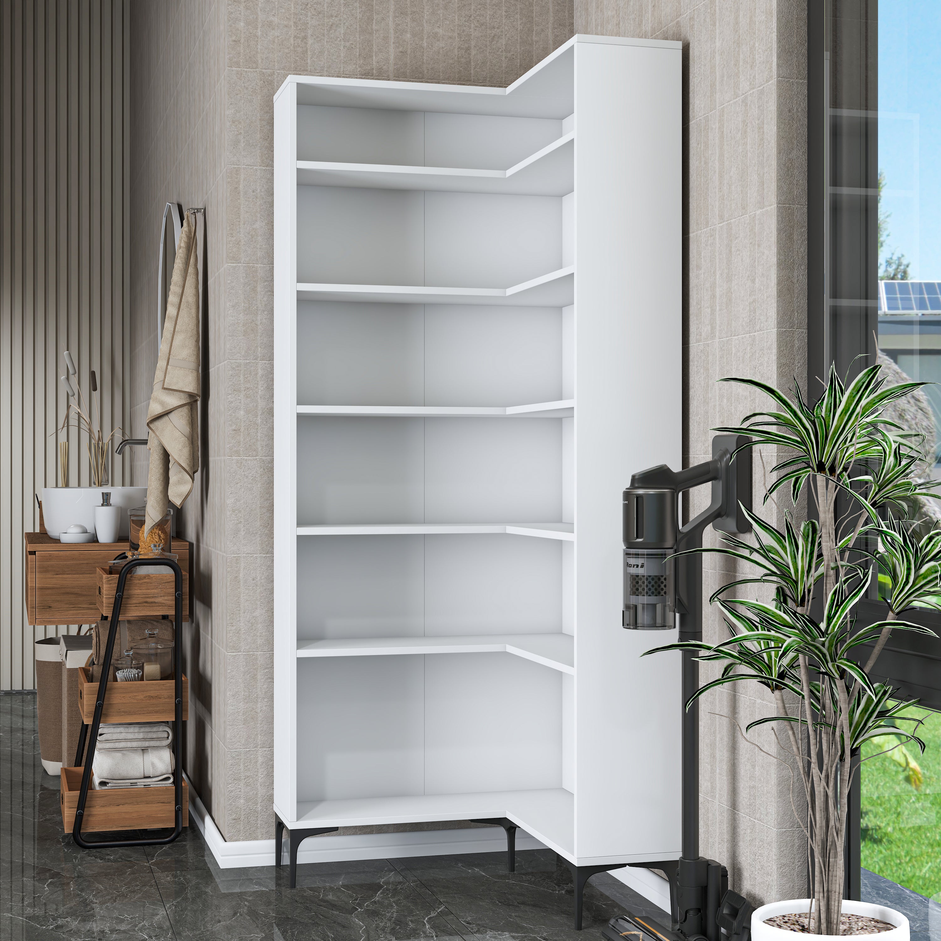 Rani KC106 Köşe Banyo Dolabı 5 Raflı Çok Amaçlı Dolap Beyaz