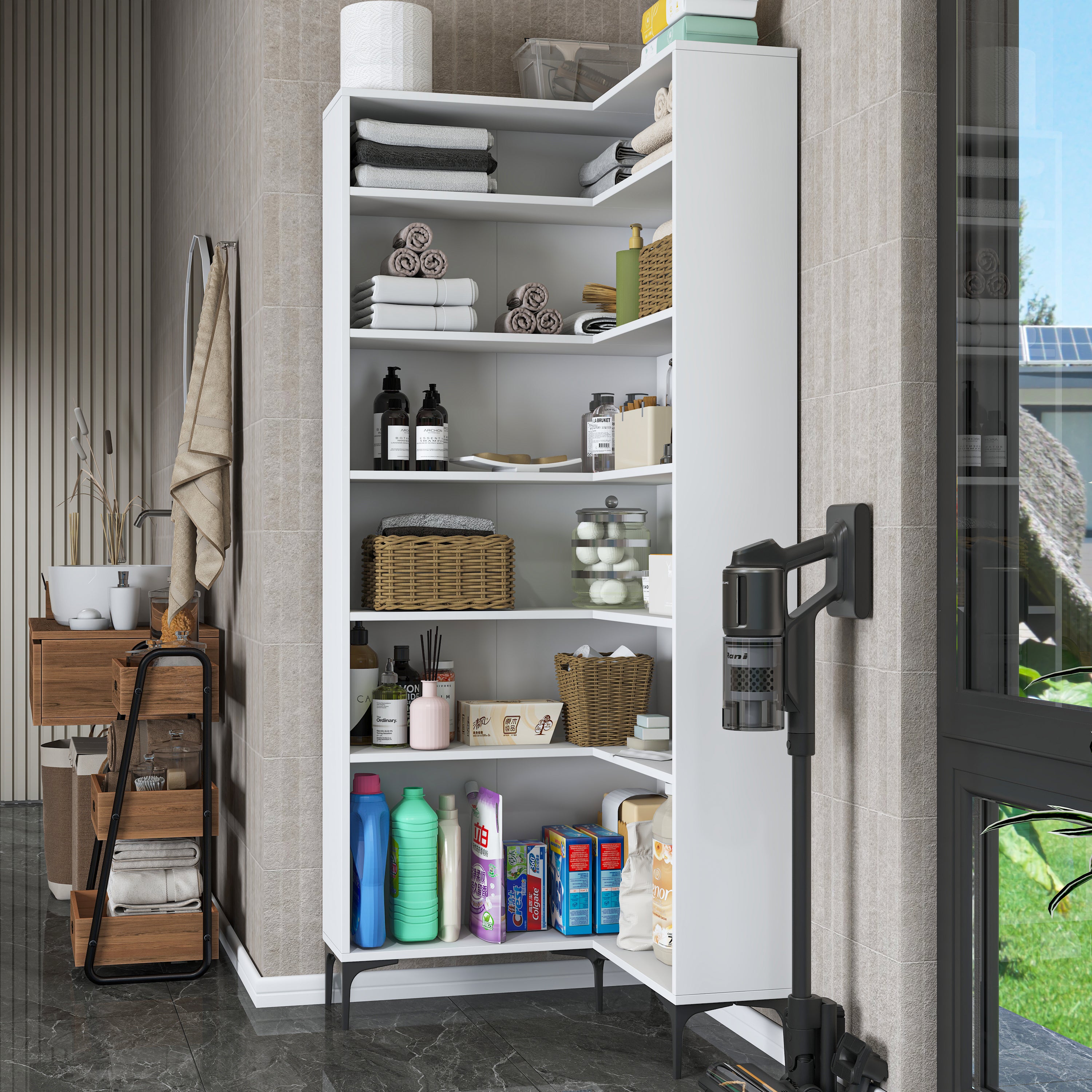 Rani KC106 Köşe Banyo Dolabı 5 Raflı Çok Amaçlı Dolap Beyaz