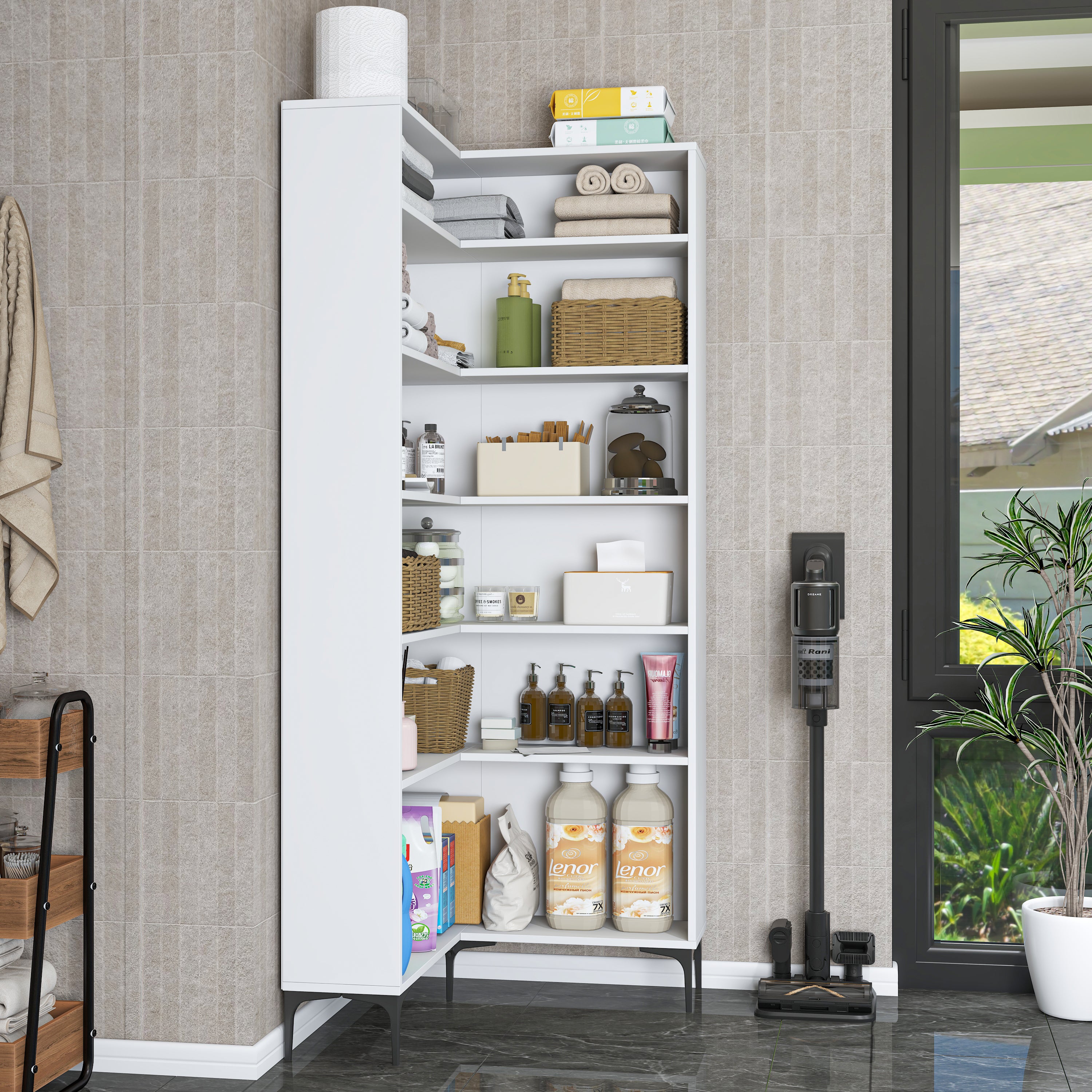 Rani KC106 Köşe Banyo Dolabı 5 Raflı Çok Amaçlı Dolap Beyaz
