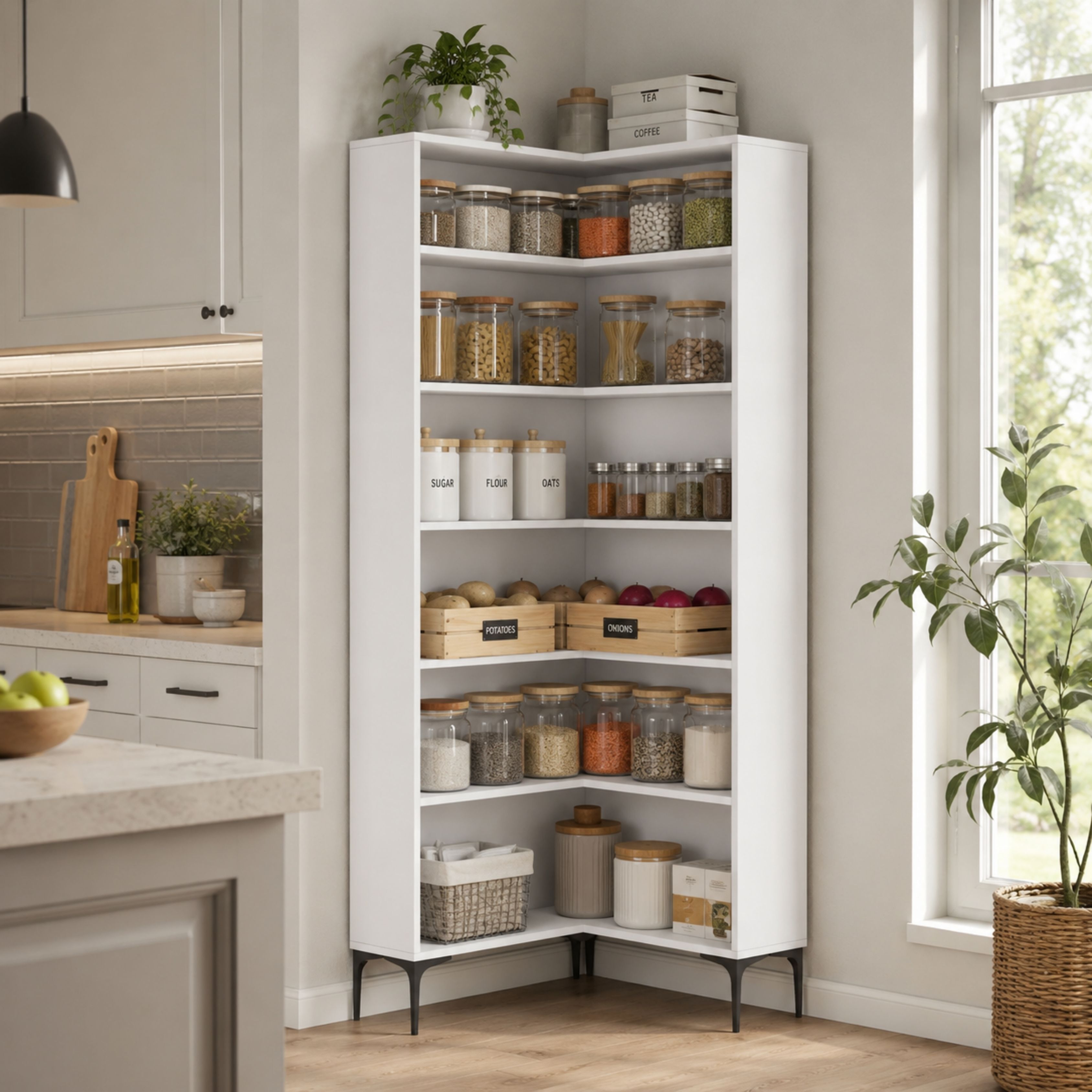 Rani KC106 Köşe Banyo Dolabı 5 Raflı Çok Amaçlı Dolap Beyaz