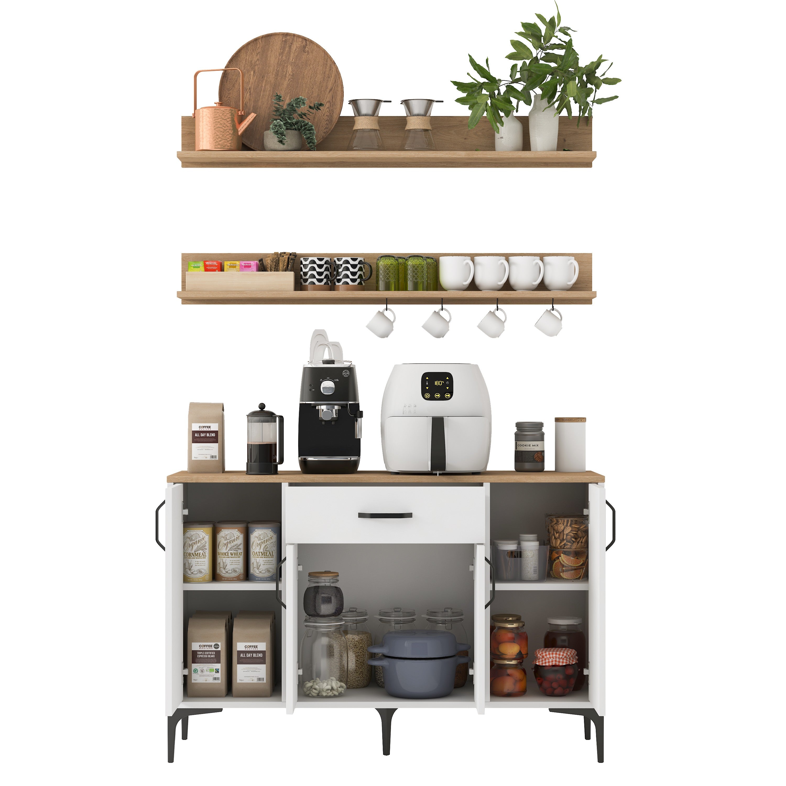 Rani JE233 Kahve Köşesi Çok Amaçlı Dolap 4 Kapaklı 1 Çekmeceli 2 Raflı  Kiler Mutfak Dolabı Beyaz - Sepet Ceviz