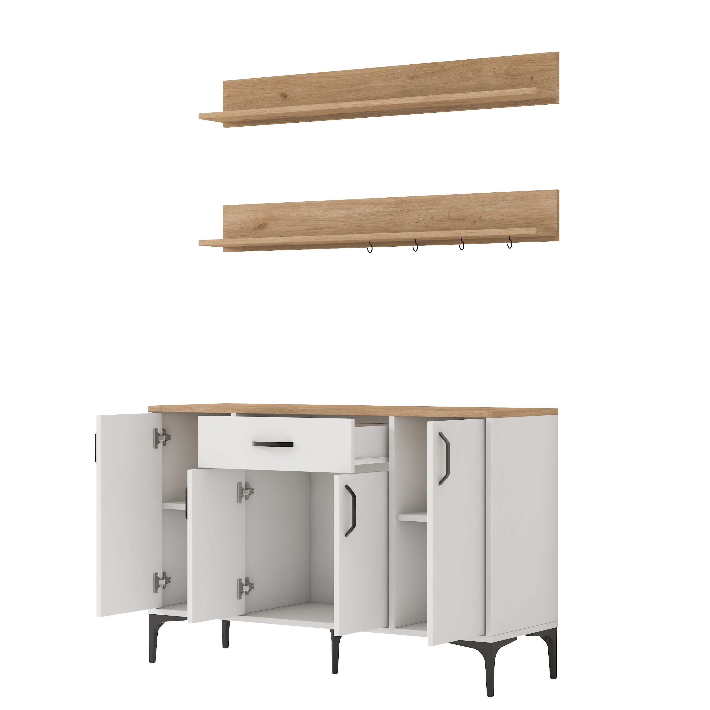 Rani JE233 Kahve Köşesi Çok Amaçlı Dolap 4 Kapaklı 1 Çekmeceli 2 Raflı  Kiler Mutfak Dolabı Beyaz - Sepet Ceviz