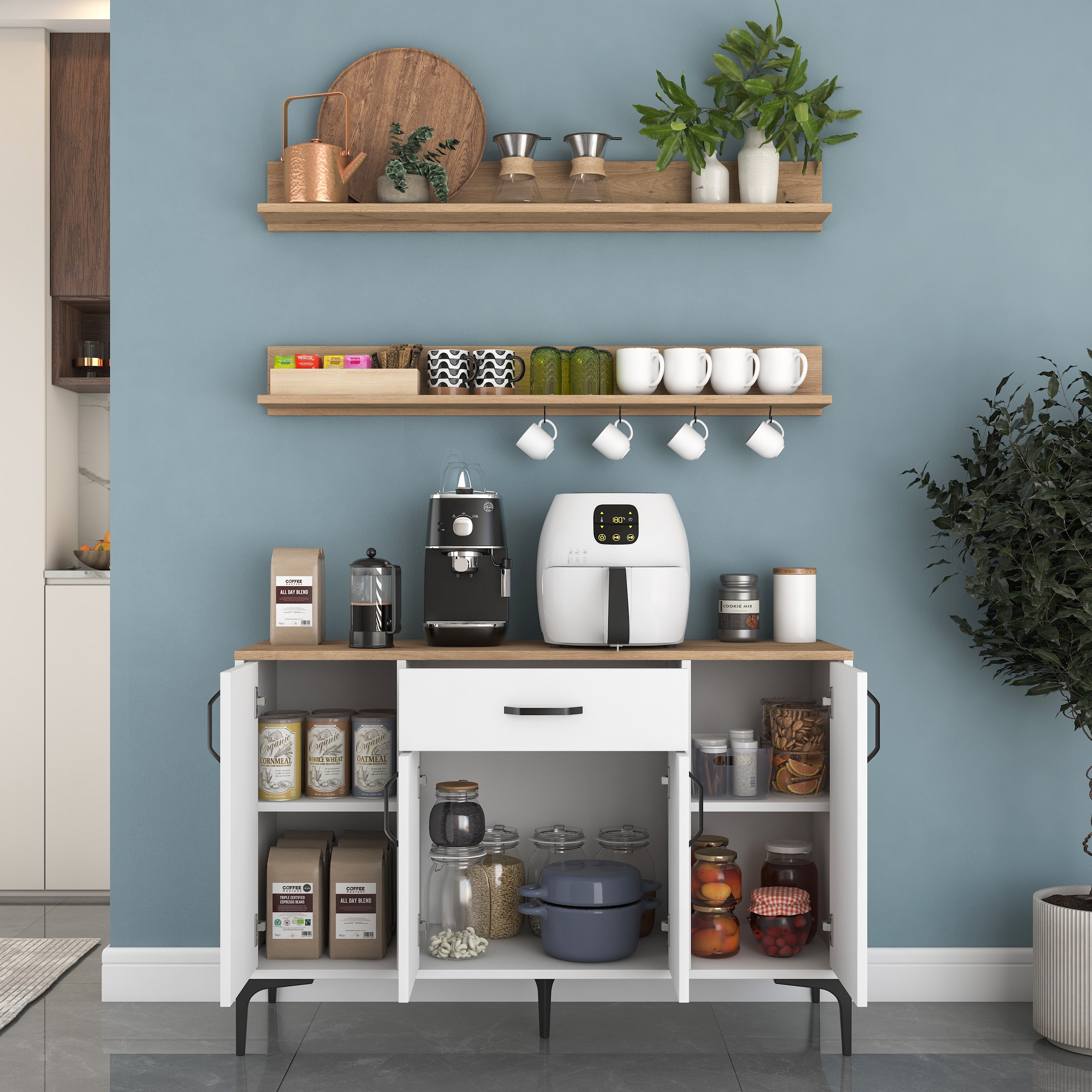 Rani JE233 Kahve Köşesi Çok Amaçlı Dolap 4 Kapaklı 1 Çekmeceli 2 Raflı  Kiler Mutfak Dolabı Beyaz - Sepet Ceviz