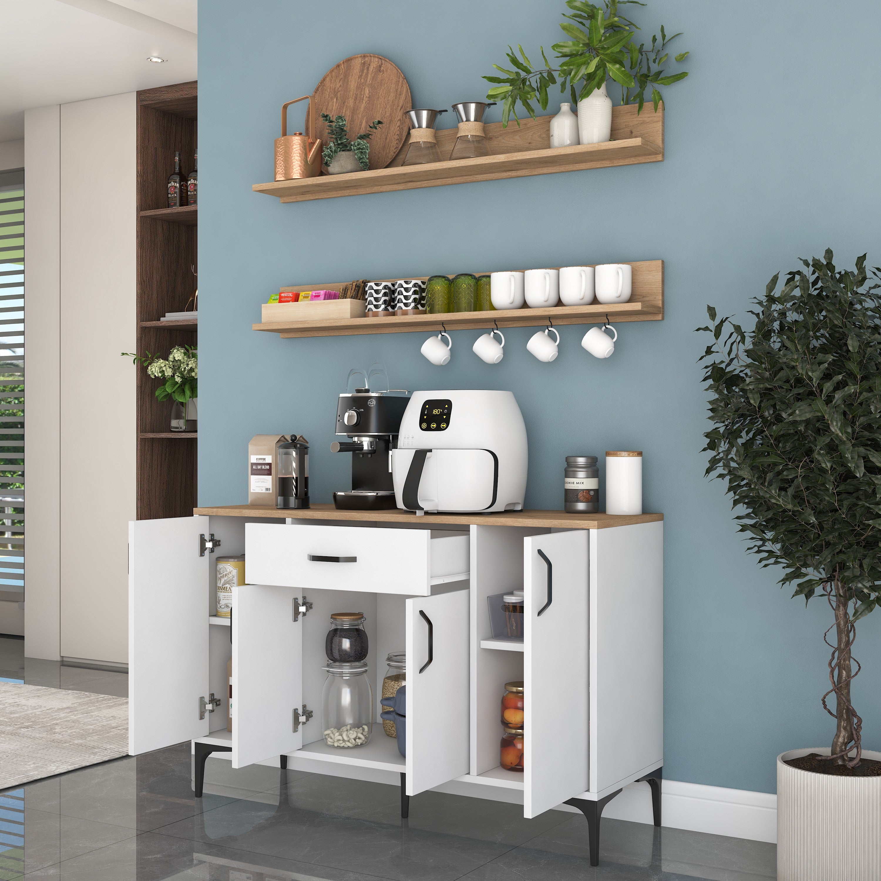 Rani JE233 Kahve Köşesi Çok Amaçlı Dolap 4 Kapaklı 1 Çekmeceli 2 Raflı  Kiler Mutfak Dolabı Beyaz - Sepet Ceviz