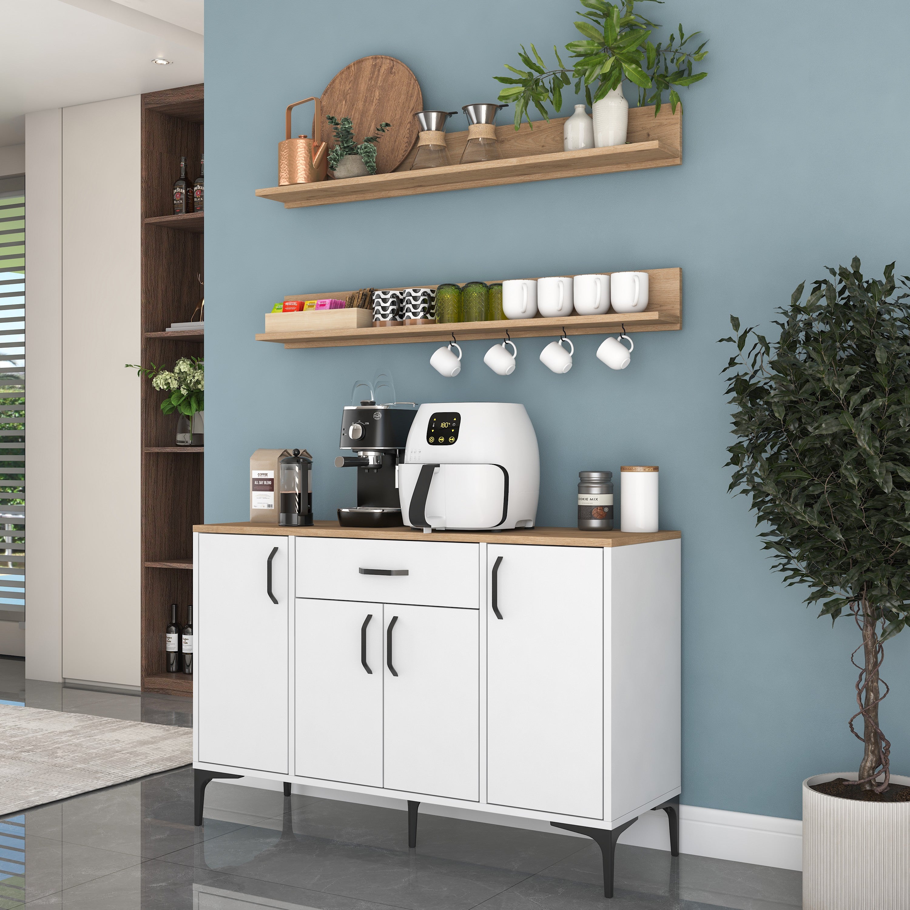 Rani JE233 Kahve Köşesi Çok Amaçlı Dolap 4 Kapaklı 1 Çekmeceli 2 Raflı  Kiler Mutfak Dolabı Beyaz - Sepet Ceviz