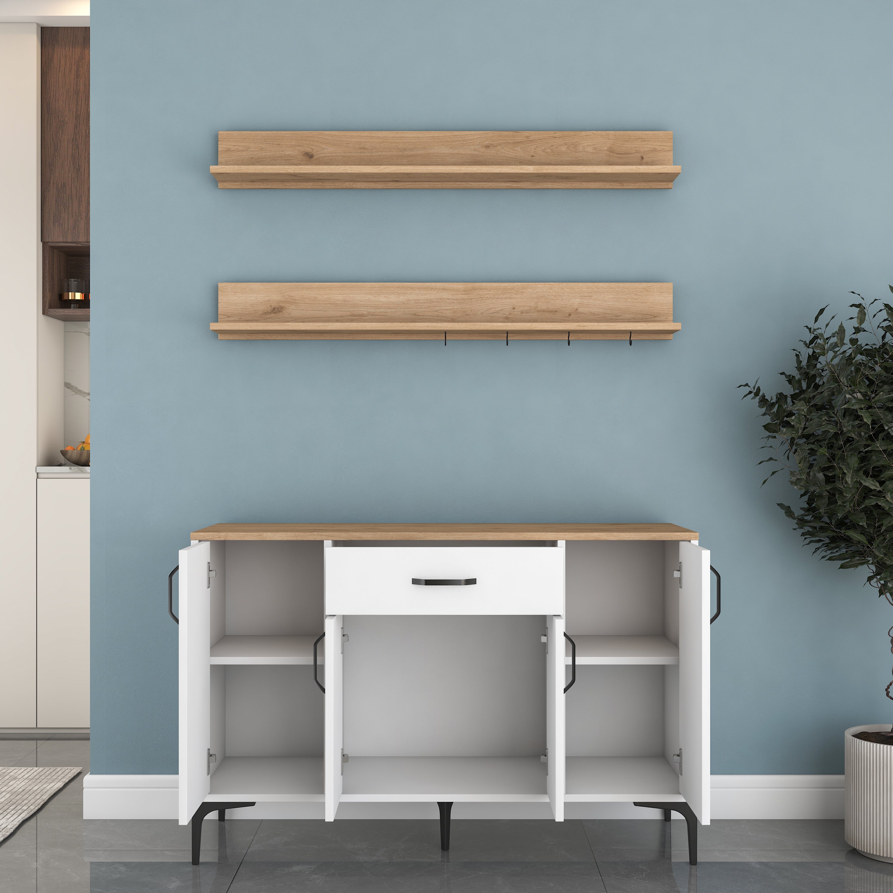 Rani JE233 Kahve Köşesi Çok Amaçlı Dolap 4 Kapaklı 1 Çekmeceli 2 Raflı  Kiler Mutfak Dolabı Beyaz - Sepet Ceviz