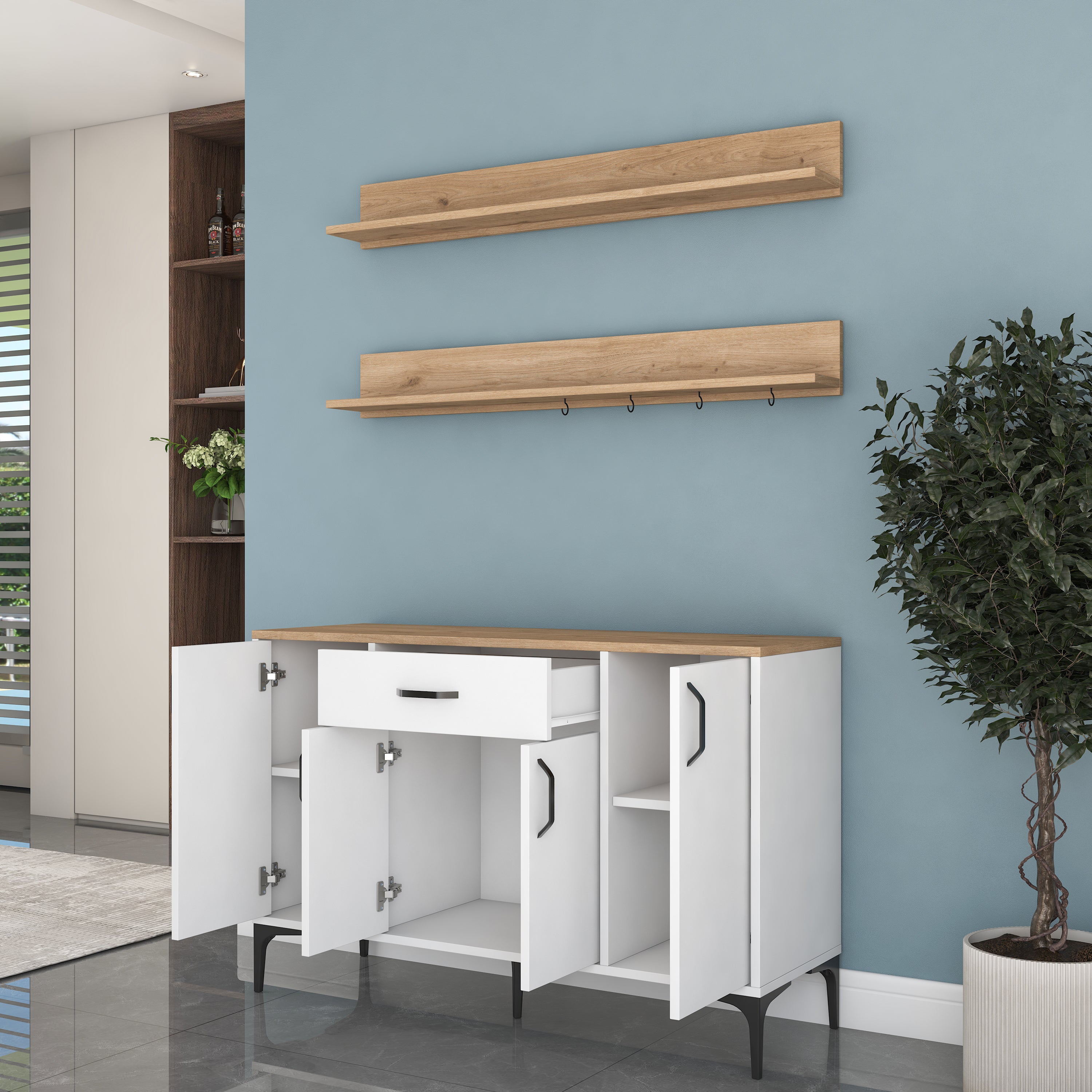 Rani JE233 Kahve Köşesi Çok Amaçlı Dolap 4 Kapaklı 1 Çekmeceli 2 Raflı  Kiler Mutfak Dolabı Beyaz - Sepet Ceviz