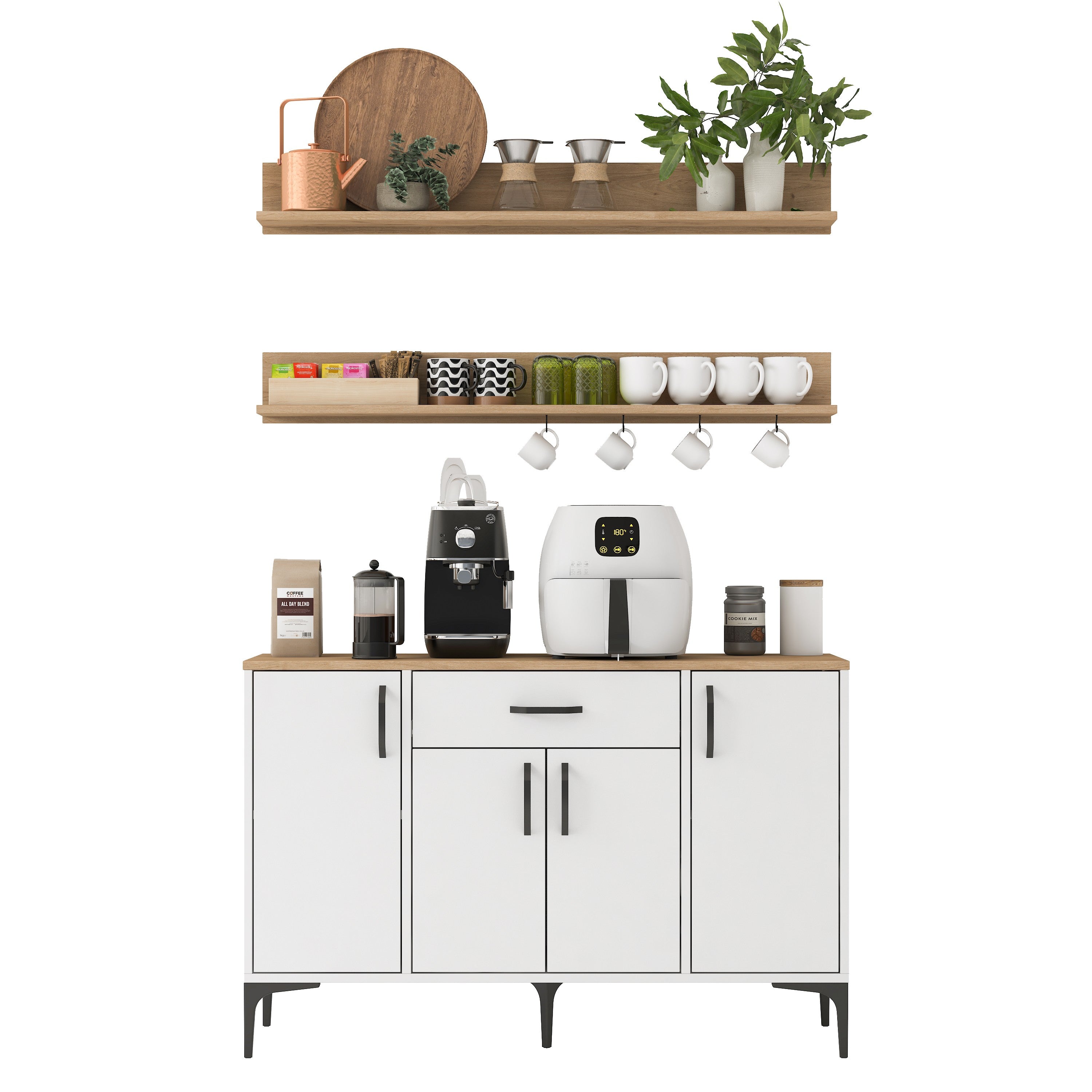 Rani JE233 Kahve Köşesi Çok Amaçlı Dolap 4 Kapaklı 1 Çekmeceli 2 Raflı  Kiler Mutfak Dolabı Beyaz - Sepet Ceviz