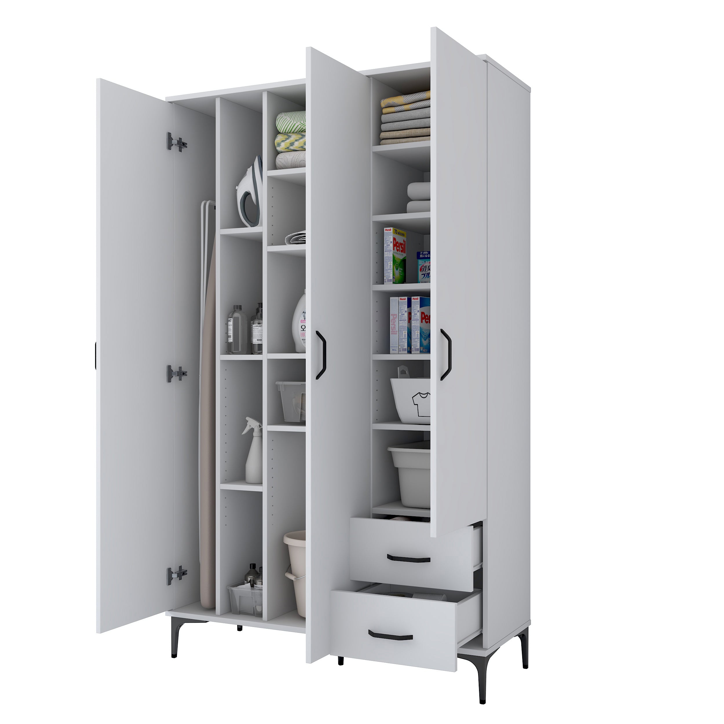 Rani KC105 Banyo Dolabı 3 Kapaklı 13 Raflı 2 Çekmeceli Çok Amaçlı Dolap Beyaz