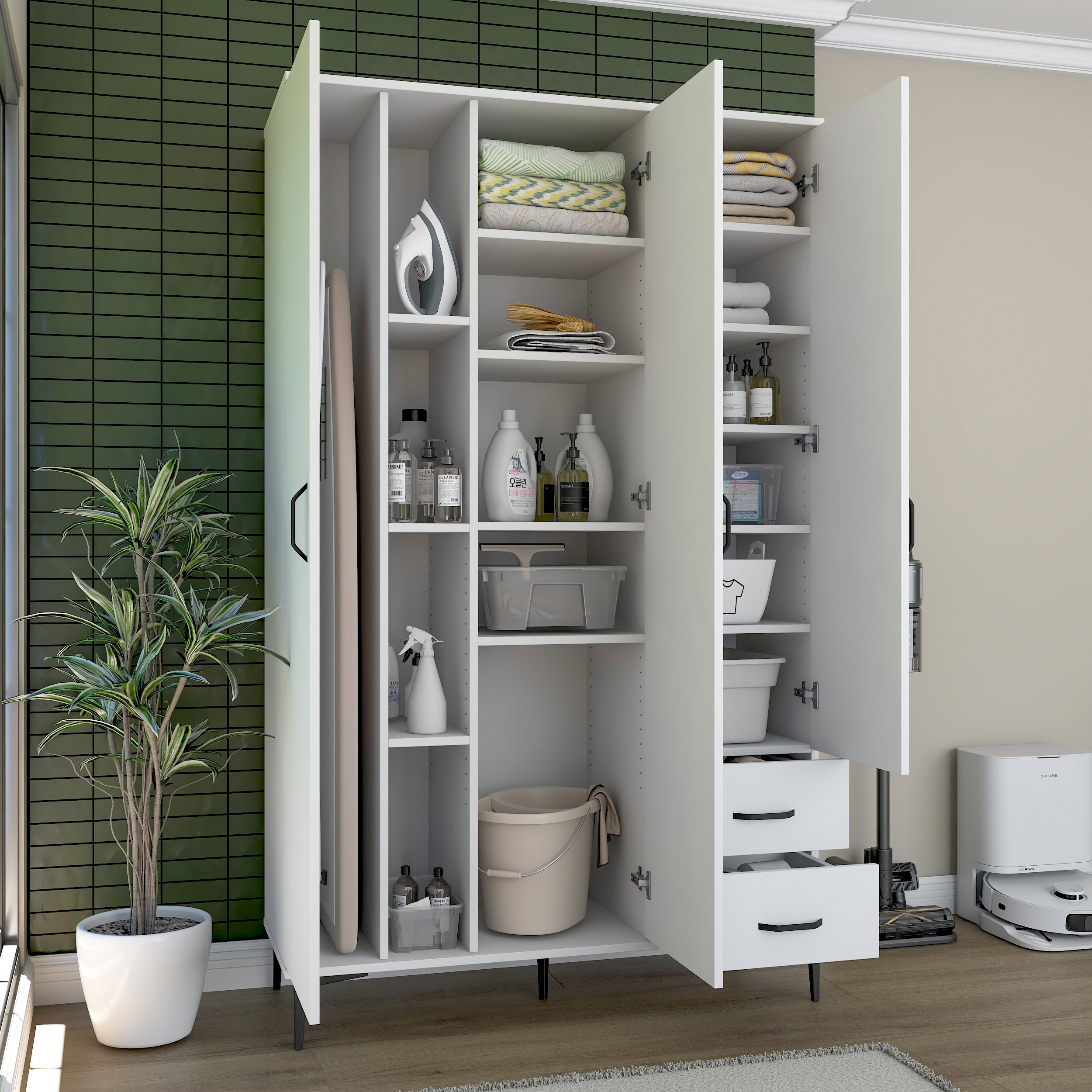 Rani KC105 Banyo Dolabı 3 Kapaklı 13 Raflı 2 Çekmeceli Çok Amaçlı Dolap Beyaz