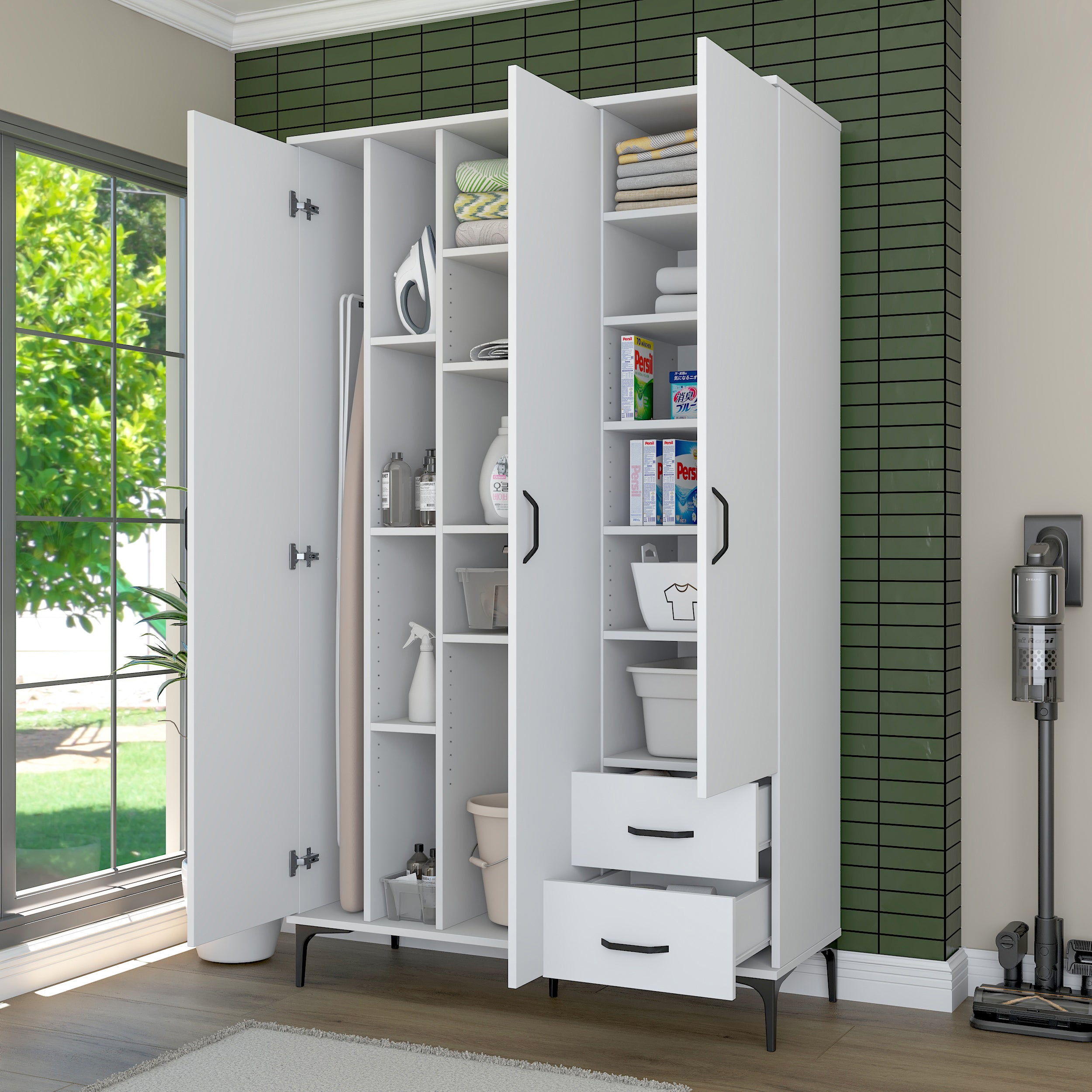 Rani KC105 Banyo Dolabı 3 Kapaklı 13 Raflı 2 Çekmeceli Çok Amaçlı Dolap Beyaz