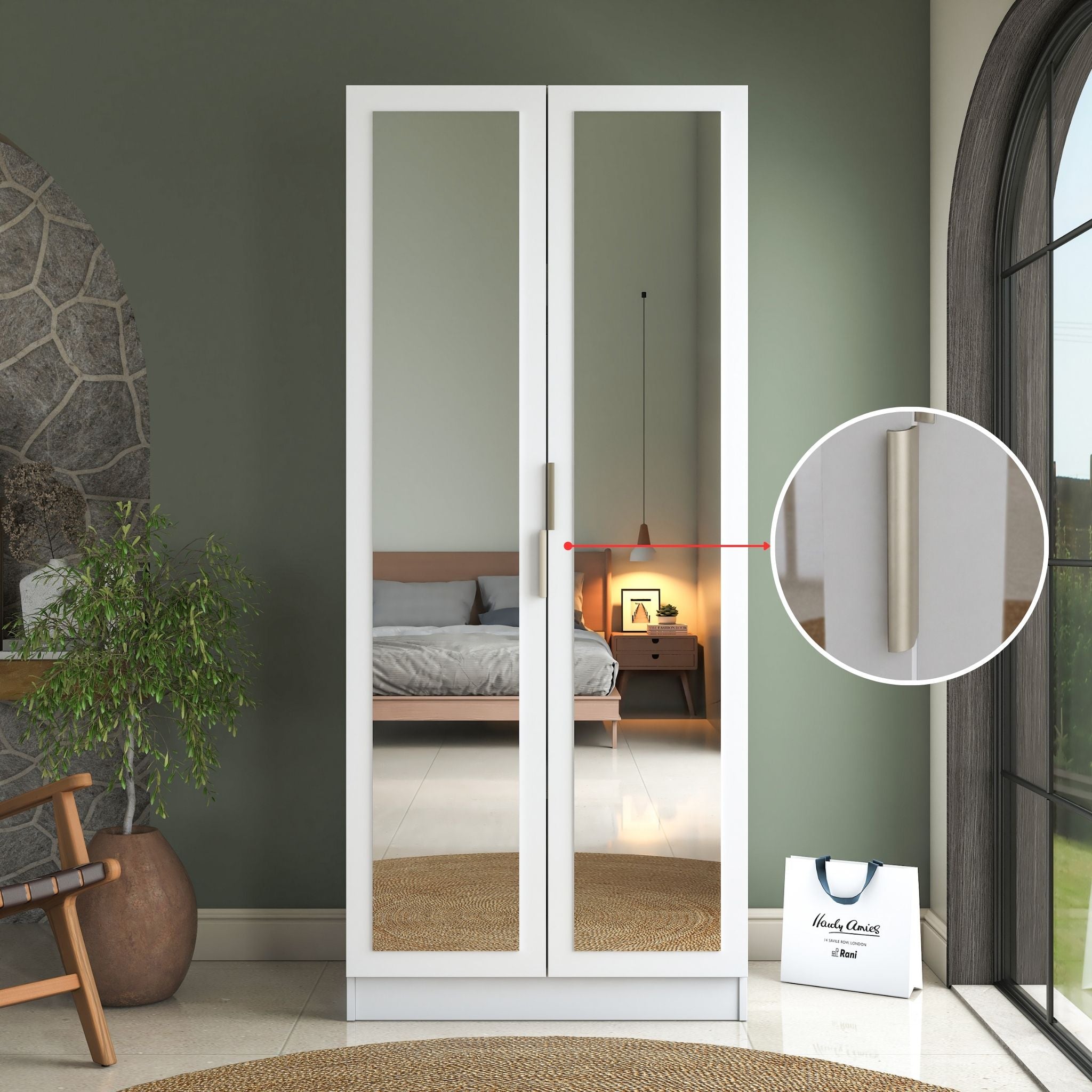 Rani BA231 Ayna Kapaklı Gardırop 4 Raflı 2 Kapaklı Elbise Dolabı Beyaz